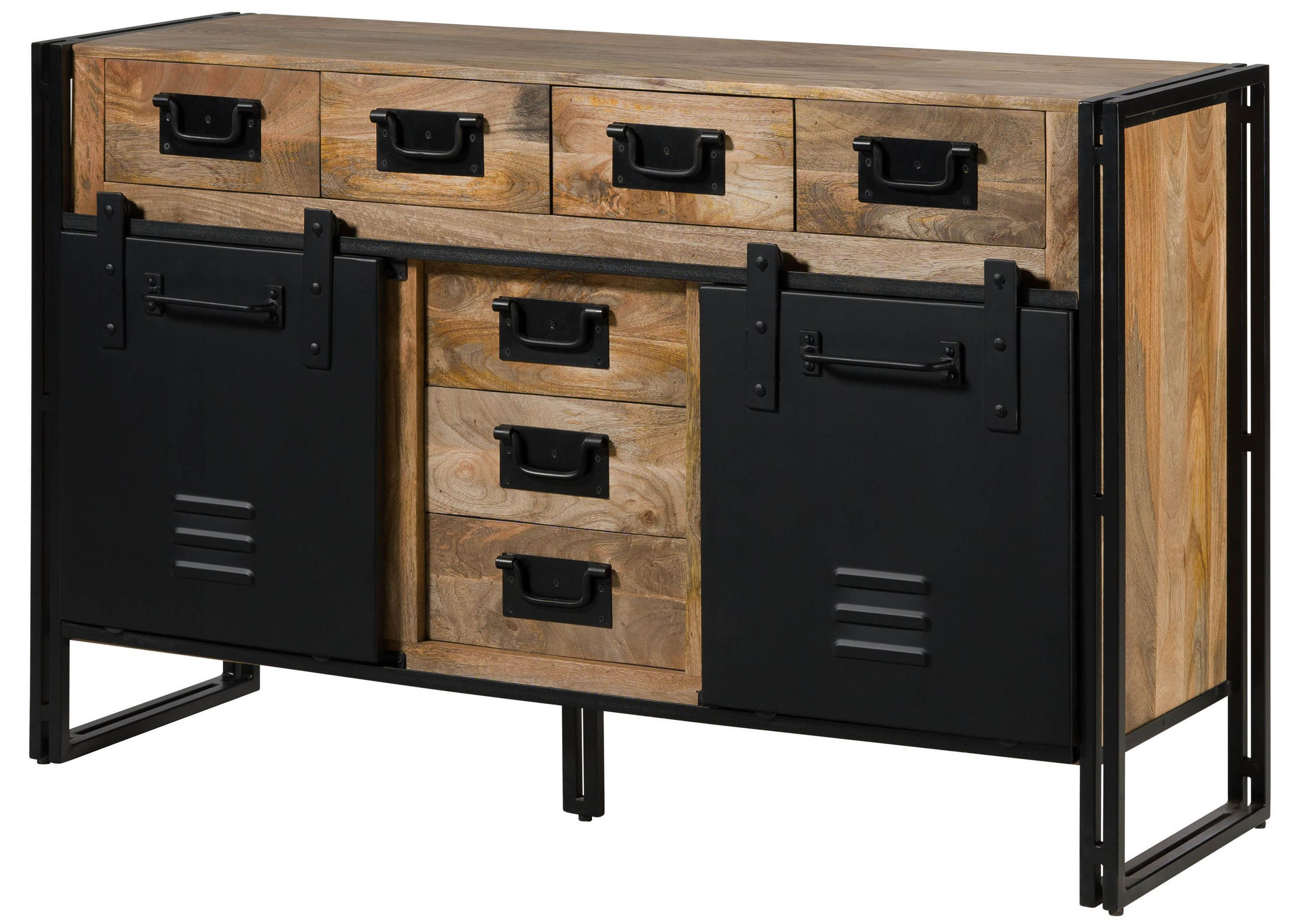 SIDEBOARD Mango 150x45x90 natur klar lackiert / Metall schwarz BLACKBURN #110 - Braun, Holz (150/90/45cm) - Massivmoebel24