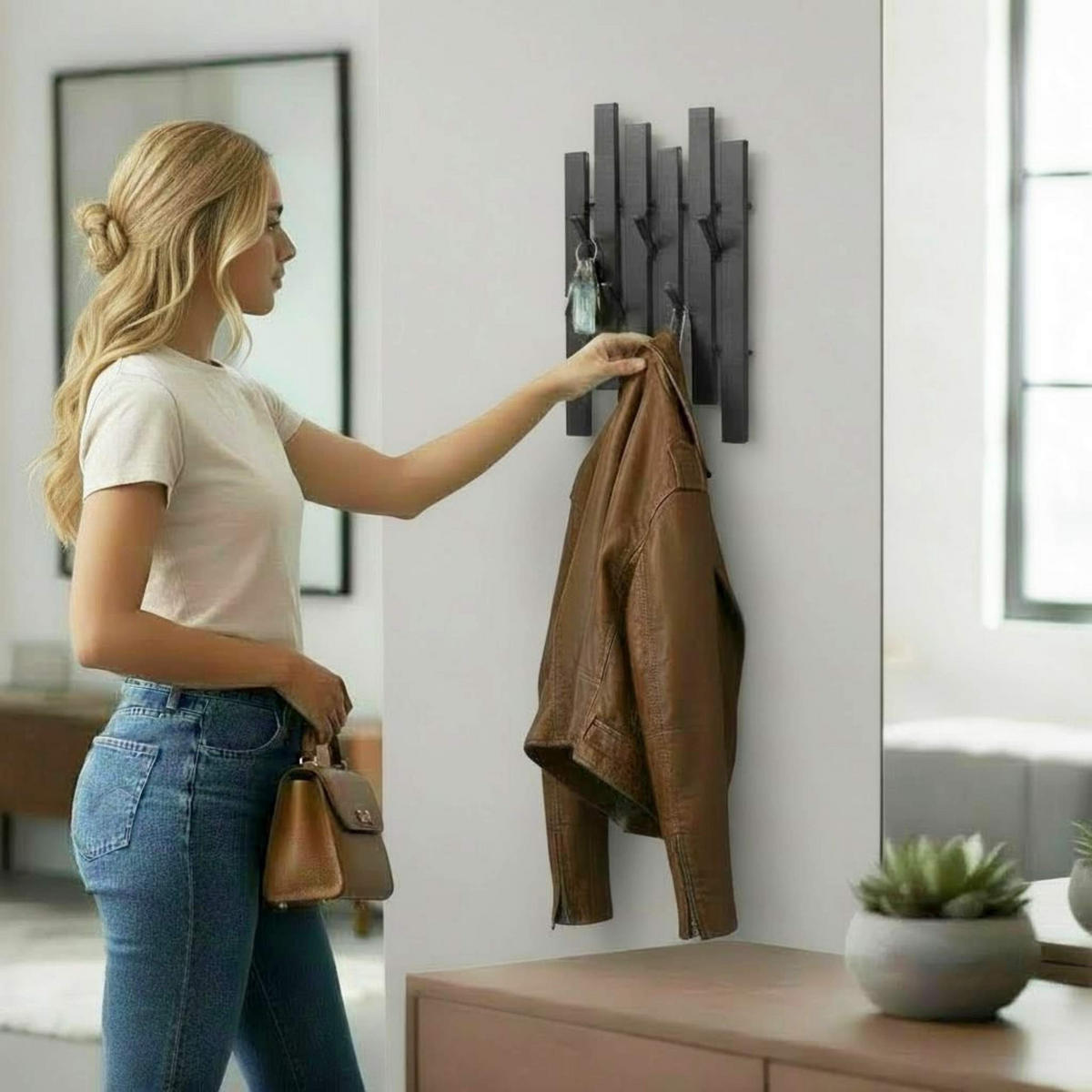 WANDGARDEROBE Schwarz Metall mit 5 Haken - Schwarz, Metall (24/35/5.5cm)