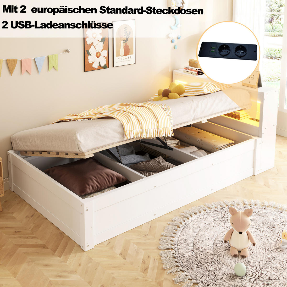 BETT 90/200 cm aus MDF mit LED-Lichtleiste, Weiß - Weiß, Holzwerkstoff (90/200cm) - OKMYHOME