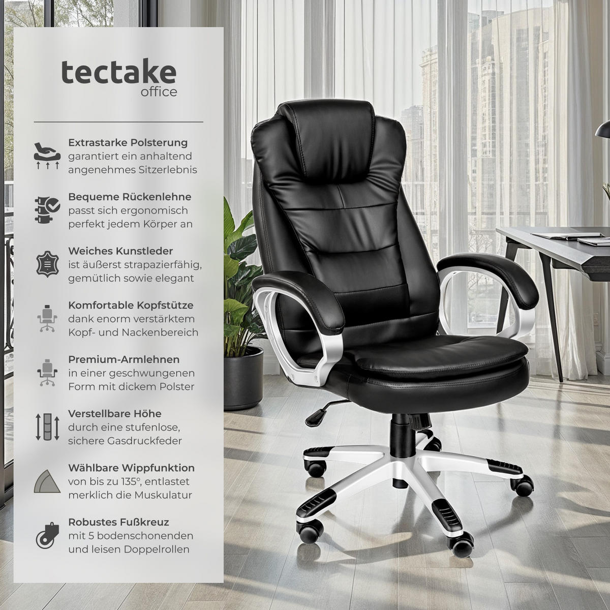 BÜROSTUHL Zulu,einstellbare Wippfunktion,schwarz - Schwarz, Leder (53/55/53cm) - tectake