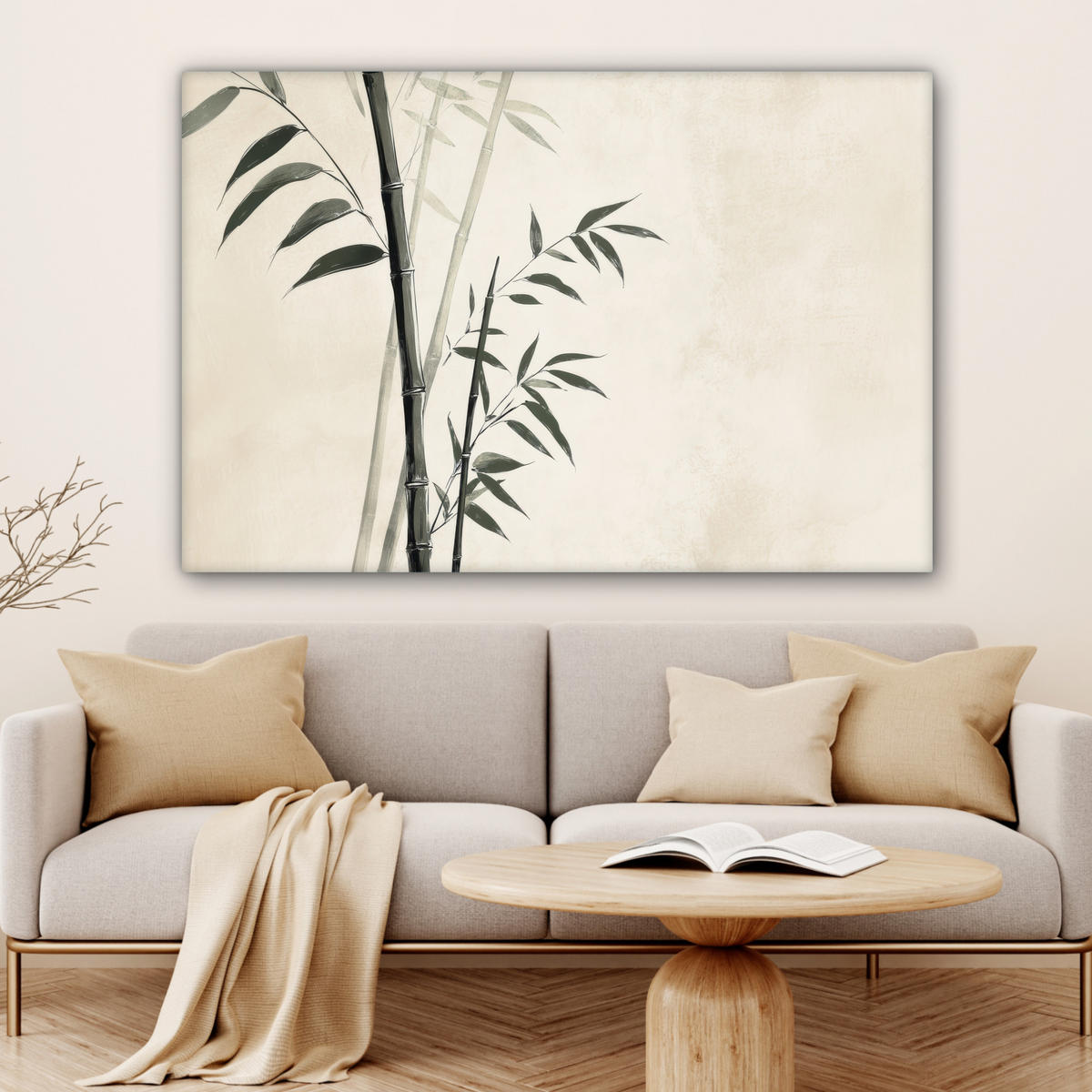 LEINWANDBILD Japandi - Bambus - Beige XXL 150x100 cm - Eukalyptusholzfarben, Textil (150/100cm) - MuchoWow