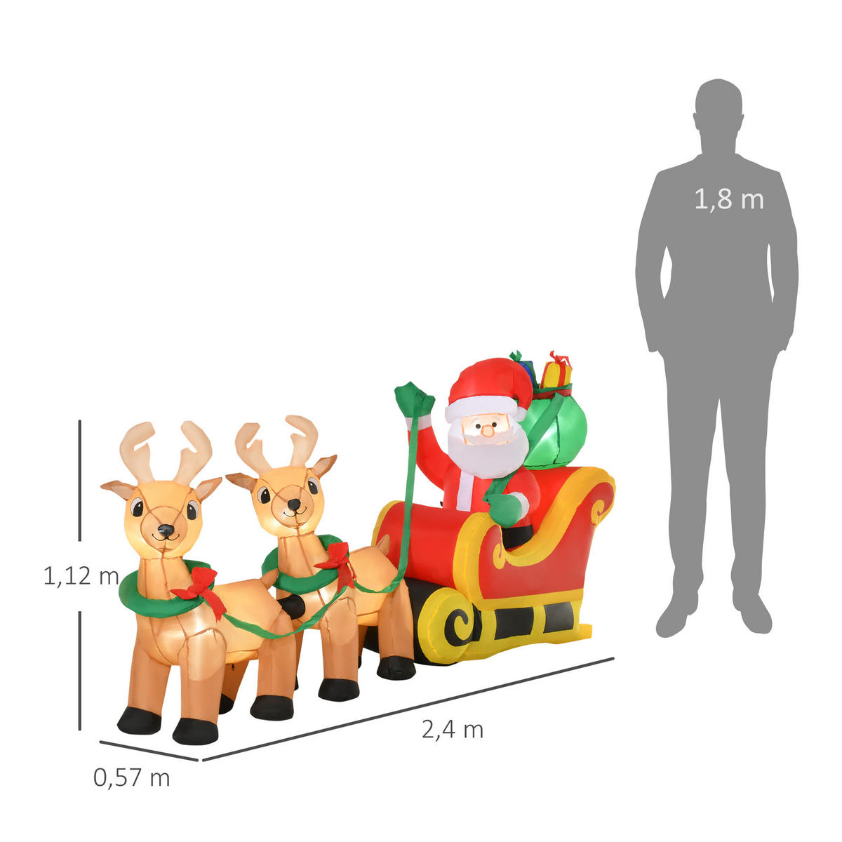 AUFBLASBARER Weihnachtsmann mit Rentieren, 6 LEDs, 240 cm Weihnachtsdeko - Multicolor, Kunststoff (57/112/240cm) - HOMCOM