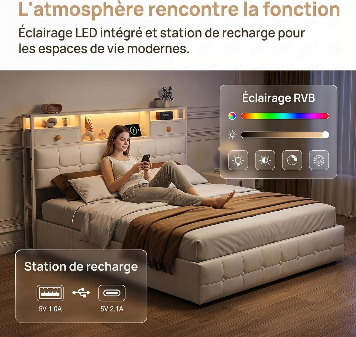 STAURAUMBETT 140/200 cm Beige, Polsterbett mit Bettkasten, LED und USB-Anschluss - Beige, Holz/Textil (140/200cm) - PARAFTA HOME