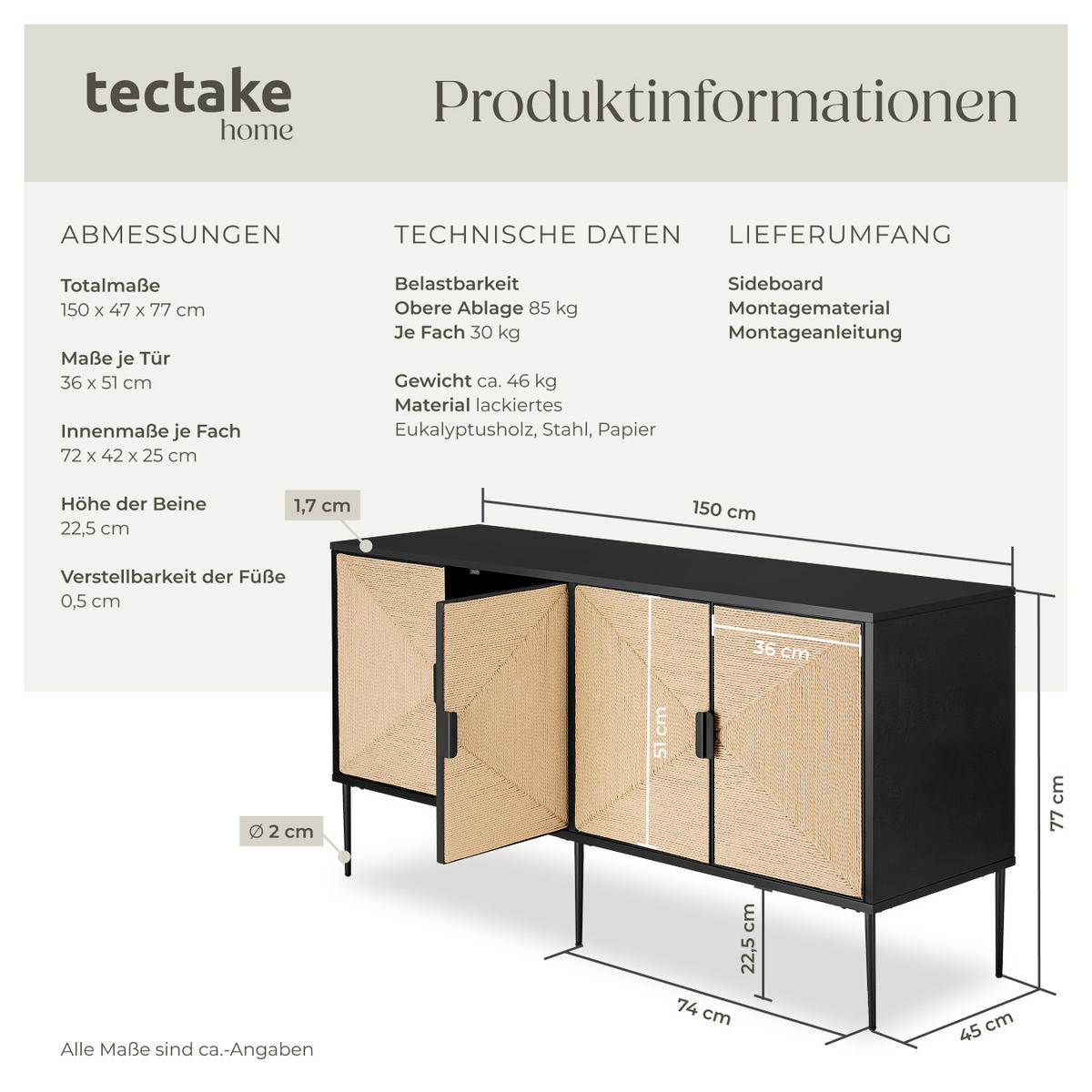 SIDEBOARD Juna,150 x 47 x 77 cm, höhenverstellbare Füße,schwarz/braun - Schwarz/Braun, Holz (150/77/47cm) - tectake