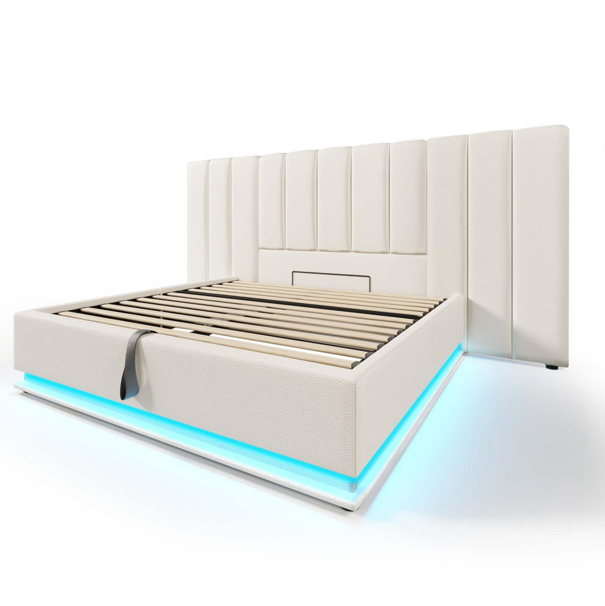 BETT mit Stauraum, LED und Ladefunktion 180x200 cm PU Weiß - Weiß, Metall (180/200cm) - Meubliv