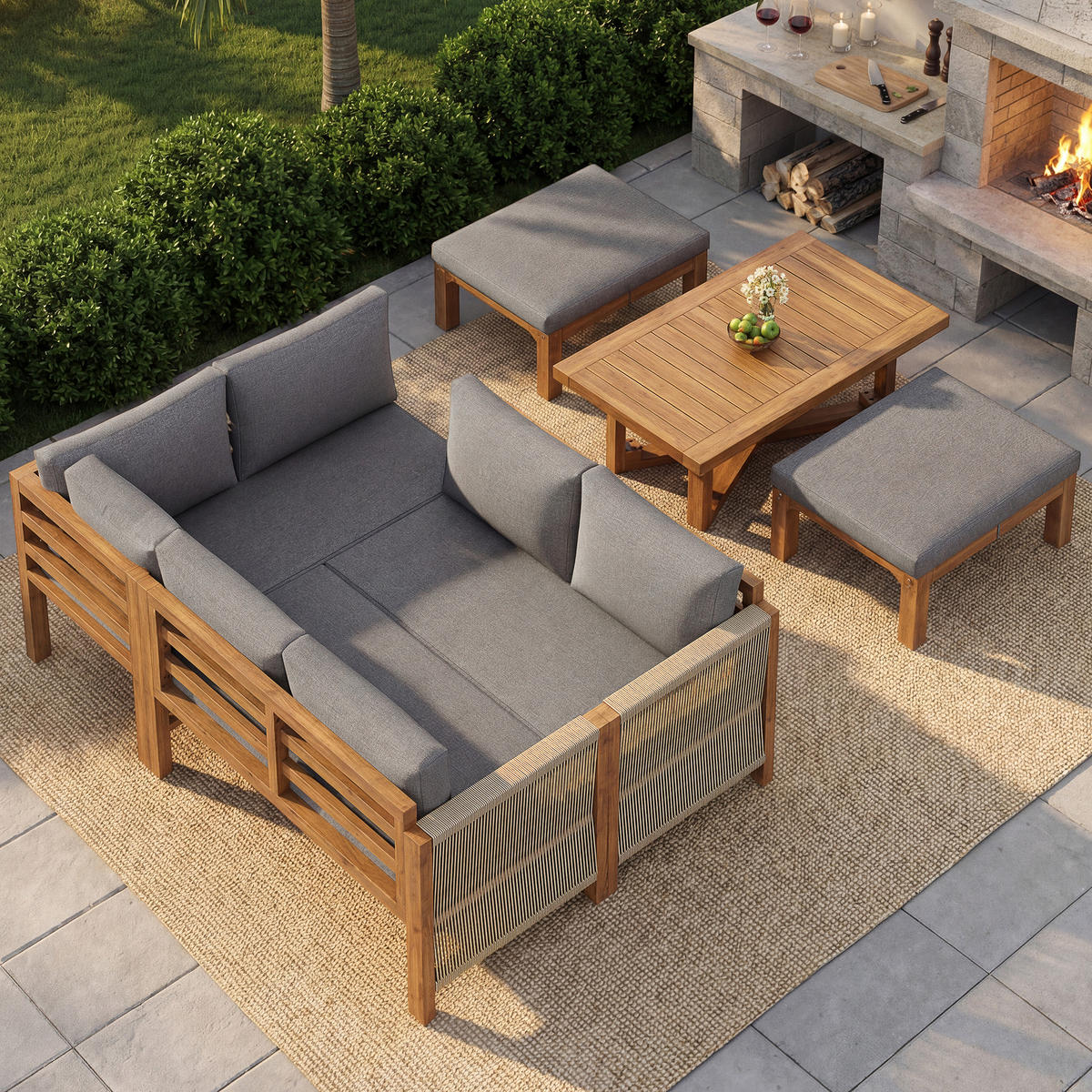 GARTENLOUNGE Akazienholz 6 Sitzer Ecksofa Tisch Hocker Kissen - Grau, Holz - FLIEKS