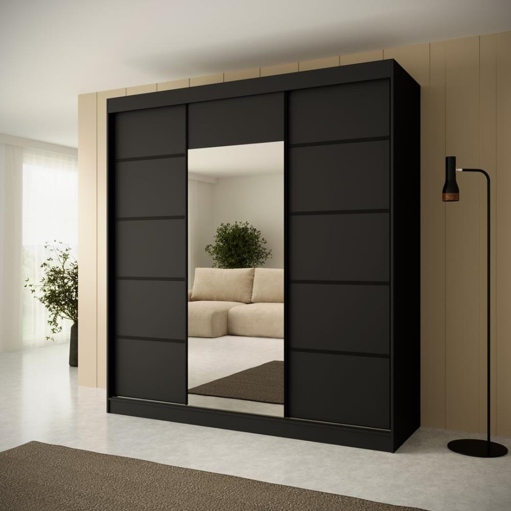 SCHWEBETÜRENSCHRANK Monica 200/215/61 3-türig schwarz mit Spiegel - Schwarz, Holzwerkstoff (200/215/61cm) - Beautysofa