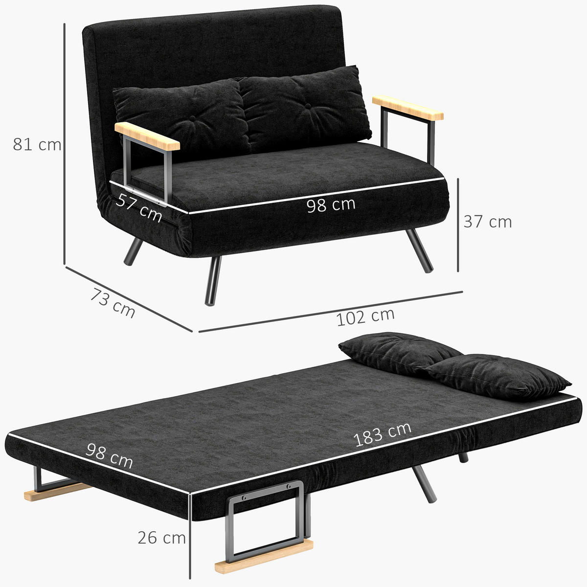 SCHLAFSOFA 2er-Sitz DE-14626 4-in-1 mit 5-fach verstellbarer Rückenlehne Schwarz - Schwarz, Textil (102/81/73cm) - ComfortXL