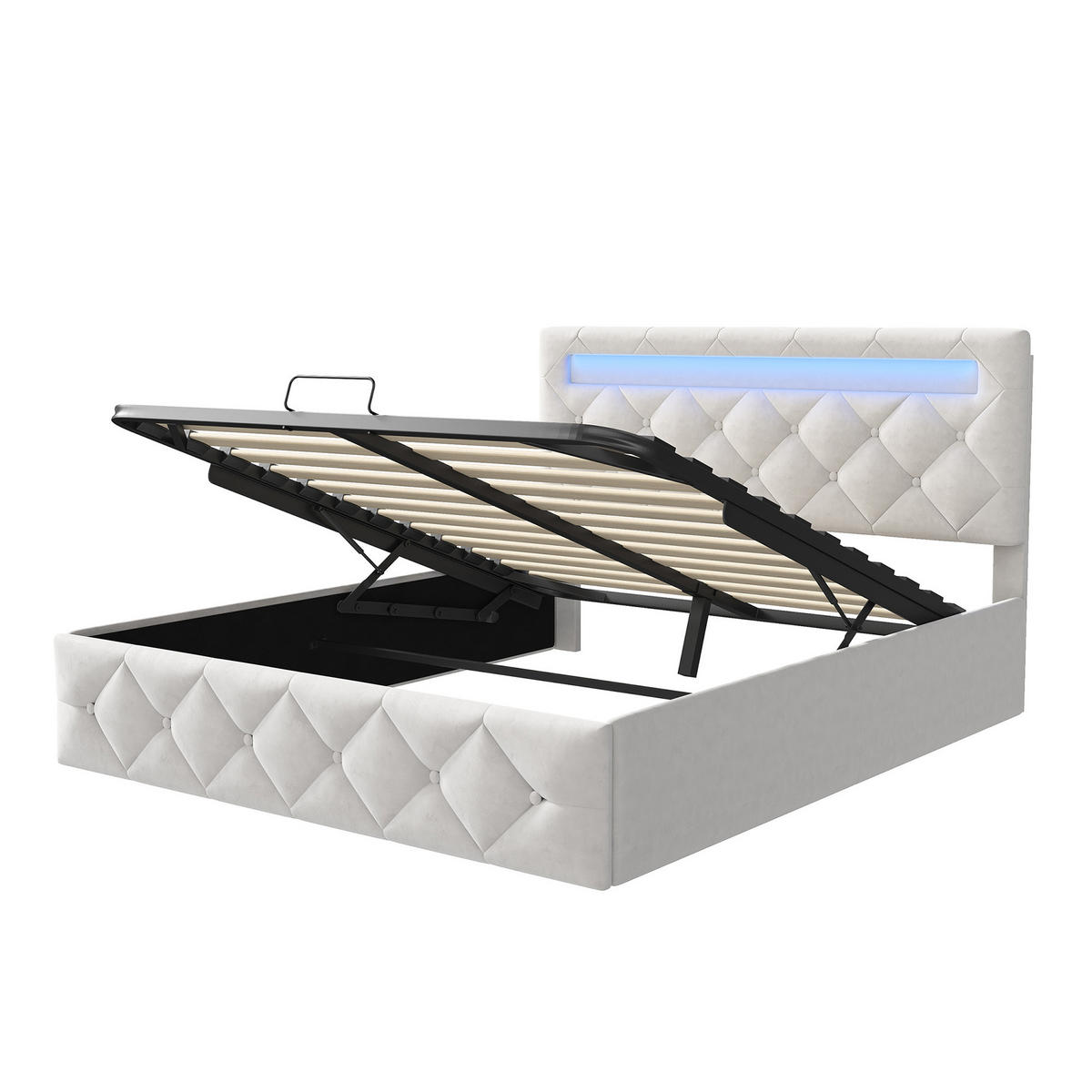 POLSTERBETT 160x200 cm mit Bettkasten, Doppelbett 160x200 cm mit LED, Stauraumbett mit Hydraulik, Cremeweiße Samt - Creme, Holzwerkstoff/Textil (160/200cm) - GENKI LIVING