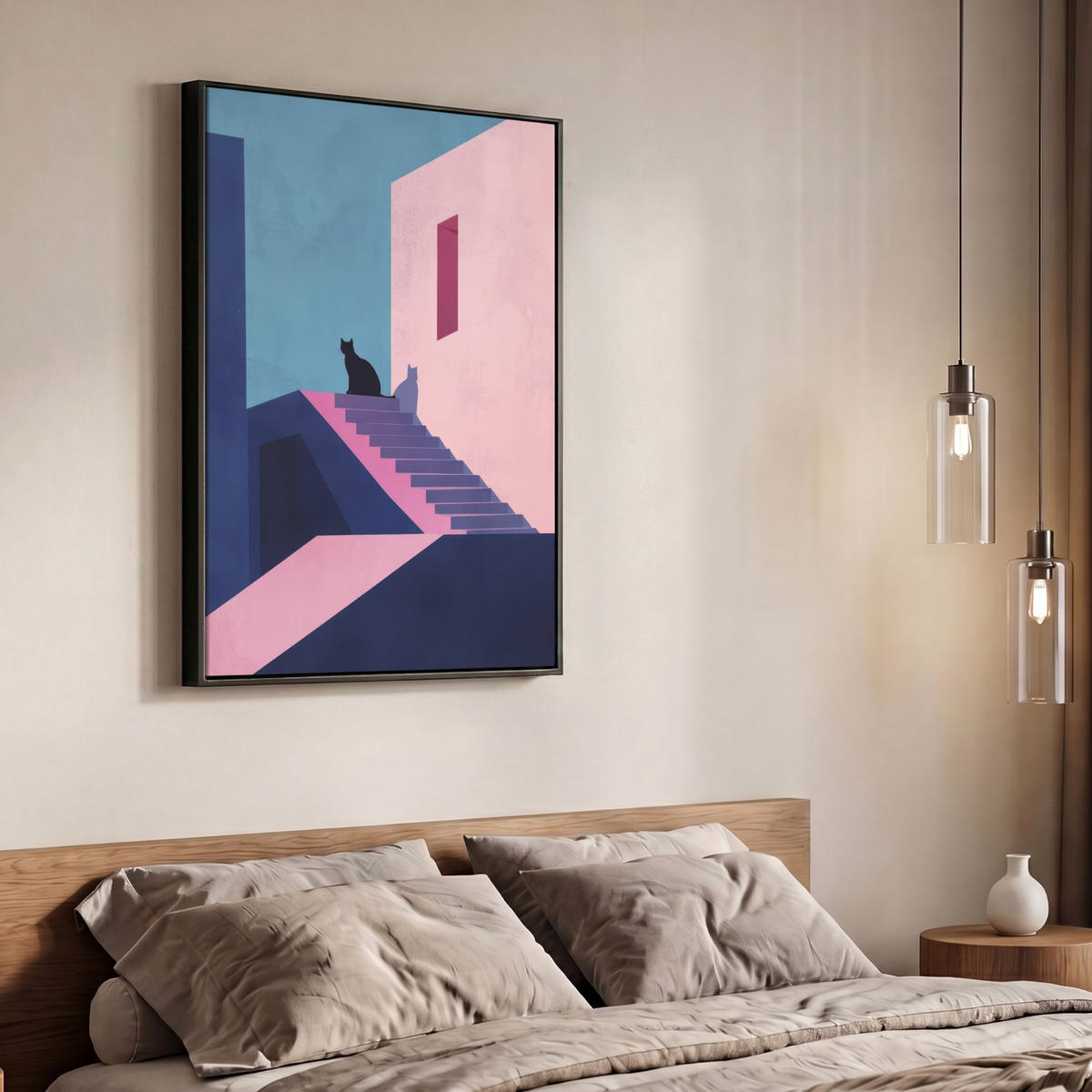 LEINWAND Bilder mit Rahmen - Katze - Treppe - Gebäude - Schattenkontraste - 70x100 - Dunkelblau, Textil (70/100cm) - MuchoWow