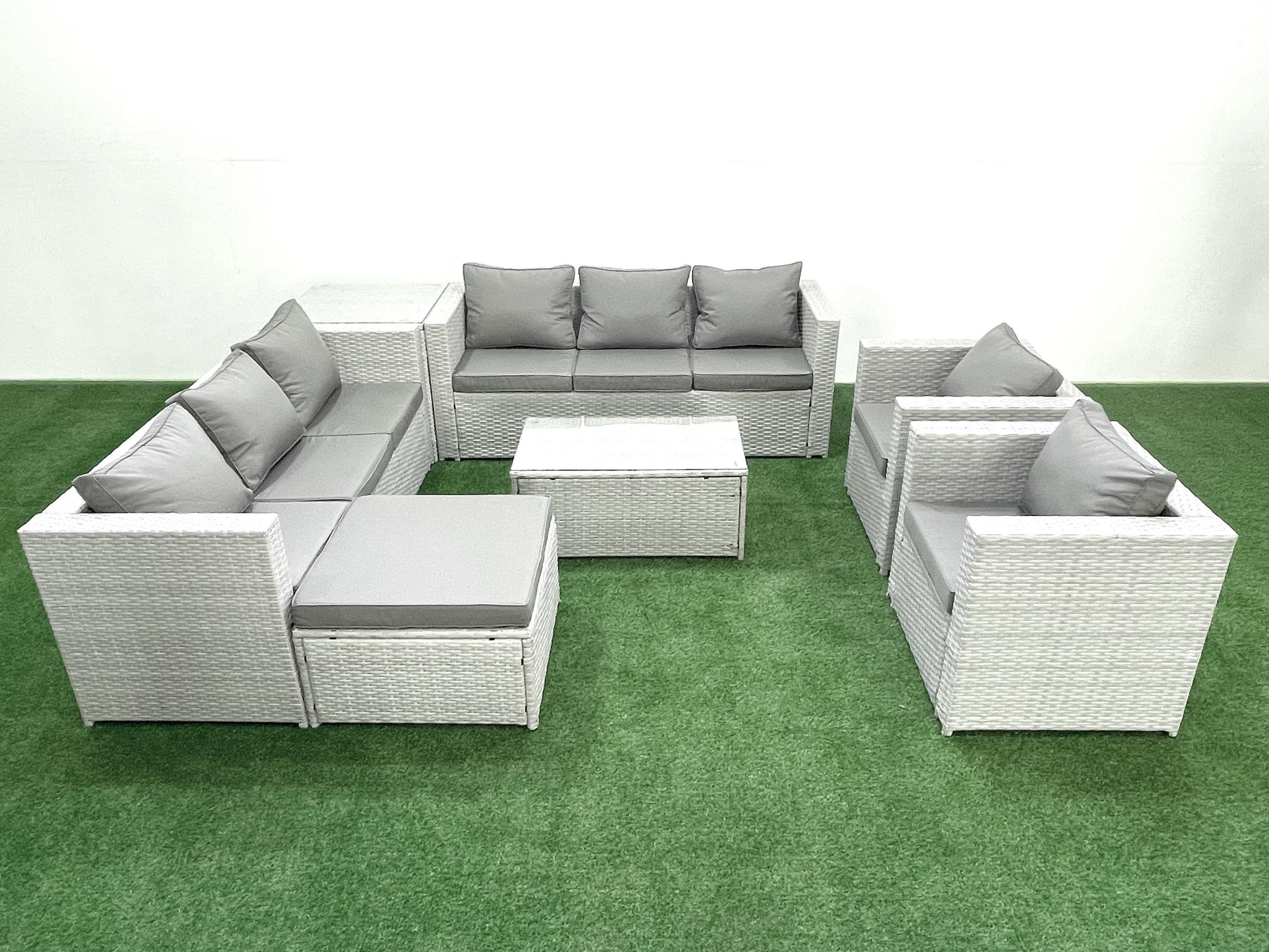 GARTENGARNITUR mit 3-SITZER SOFA,COUCHTISCH Polyrattan Hellgrau-Mix 9-Sitzer - Hellgrau/Grau, Glas/Kunststoff - Fimous