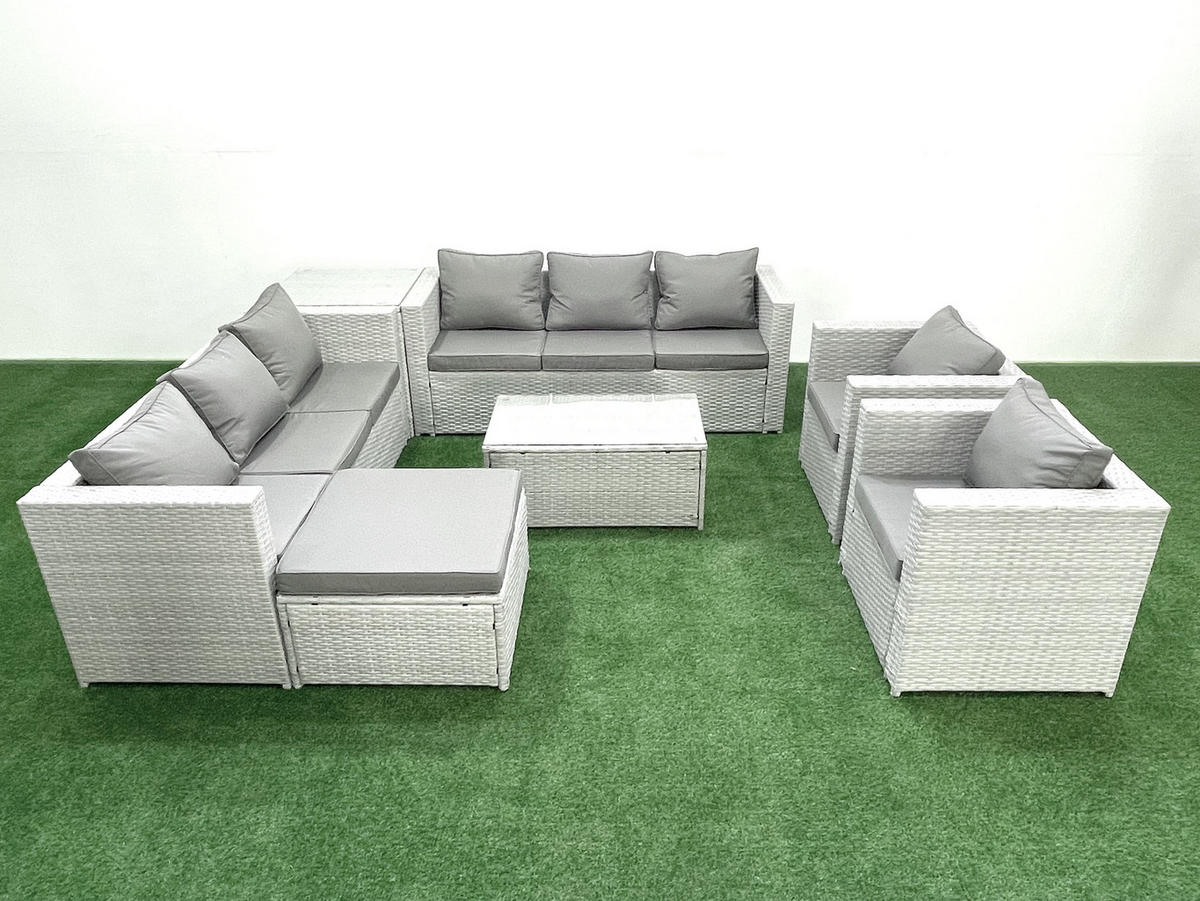 GARTENGARNITUR mit 3-SITZER SOFA,COUCHTISCH Polyrattan Hellgrau-Mix 9-Sitzer - Hellgrau/Grau, Glas/Kunststoff - Fimous