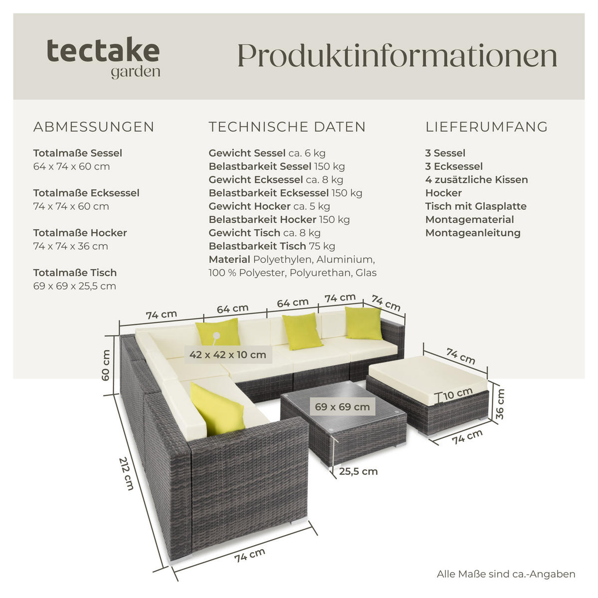 RATTANLOUNGE Marbella,mit Sicherheitsglasplatte,grau - Grau, Kunststoff - tectake
