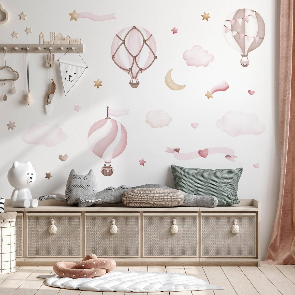STICKER SET für Kinder rosa Luftballons Wolken Sterne Boho 120x60 - Beige/Rosa, Papier (120/60/1cm) - Muralo