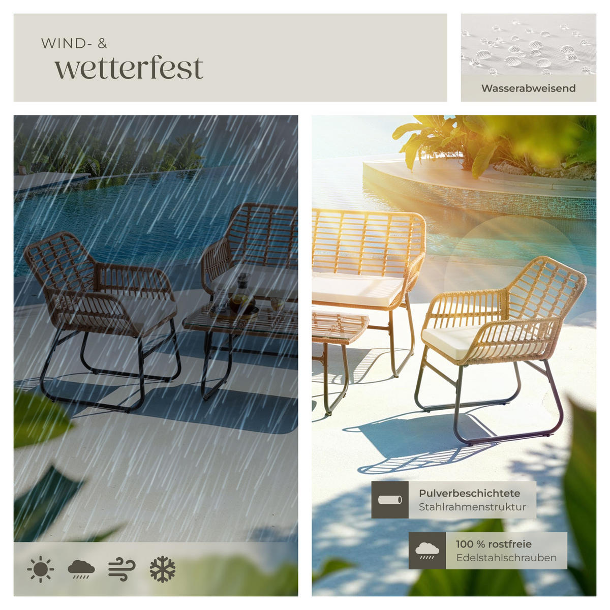 RATTAN-SITZGRUPPE Molfetta Xl,höhenverstellbare Kunststofffüße,natur - Naturfarben, Kunststoff - tectake