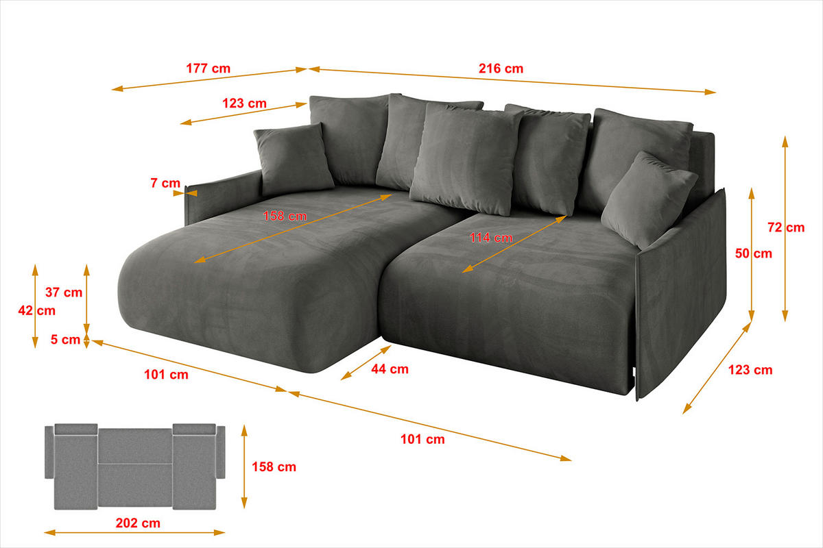 ECKSOFA mit Schlaffunktion und Bettkasten ONESK-L -v1 216x177x72 Dunkelgrau Velours - Anthrazit/Graphitfarben, Holzwerkstoff/Kunststoff (216/177cm) - ALTDECOR