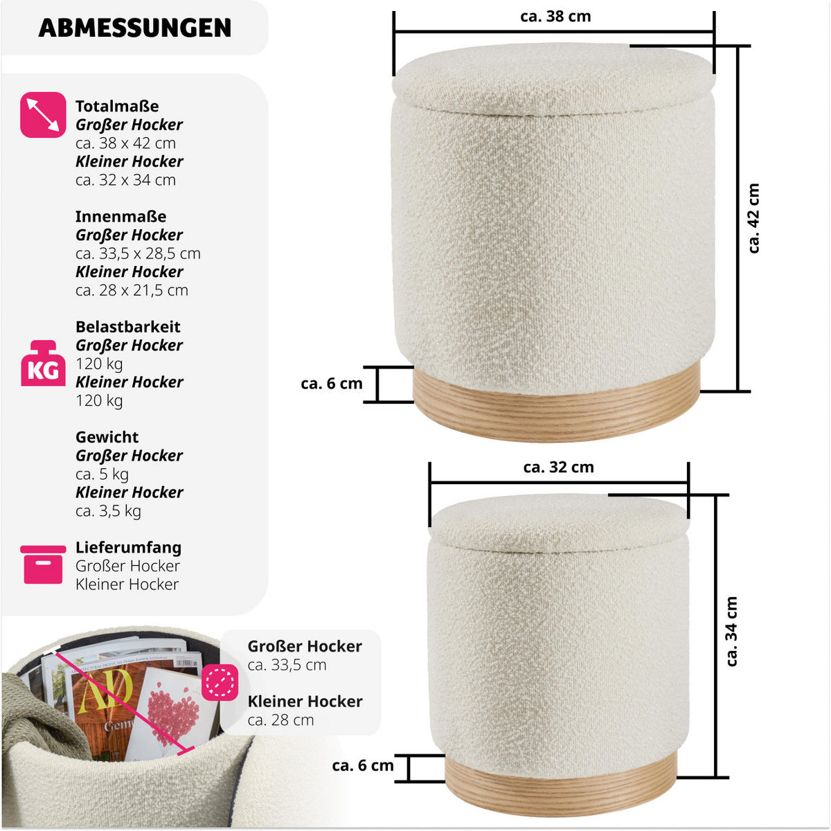 SITZHOCKER 2er Set mit Stauraum Orchide,Gestelle aus MDF-Platten,creme - Creme, Holz (38/42/38cm) - tectake
