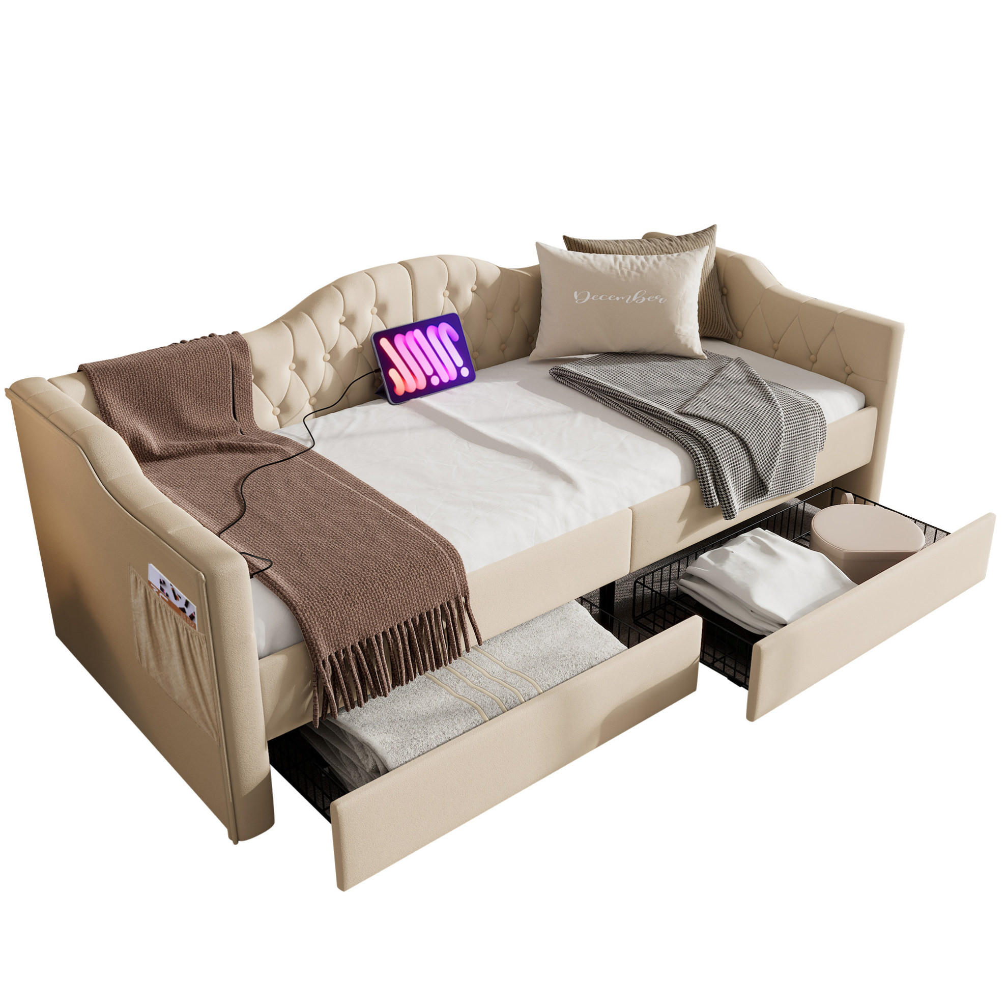 ČALÚNENÁ posteľ denná 99/215/86,5 cm zamat béžová s USB-C a 2 zásuvkami - béžová, textil (90/200cm) - BEAOK