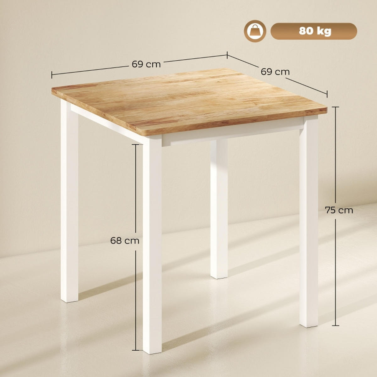 ESSTISCH 69/69/75 cm aus Kautschukholz DE-39909 Natur - Eichefarben, Holzwerkstoff (69/69/75cm) - ComfortXL