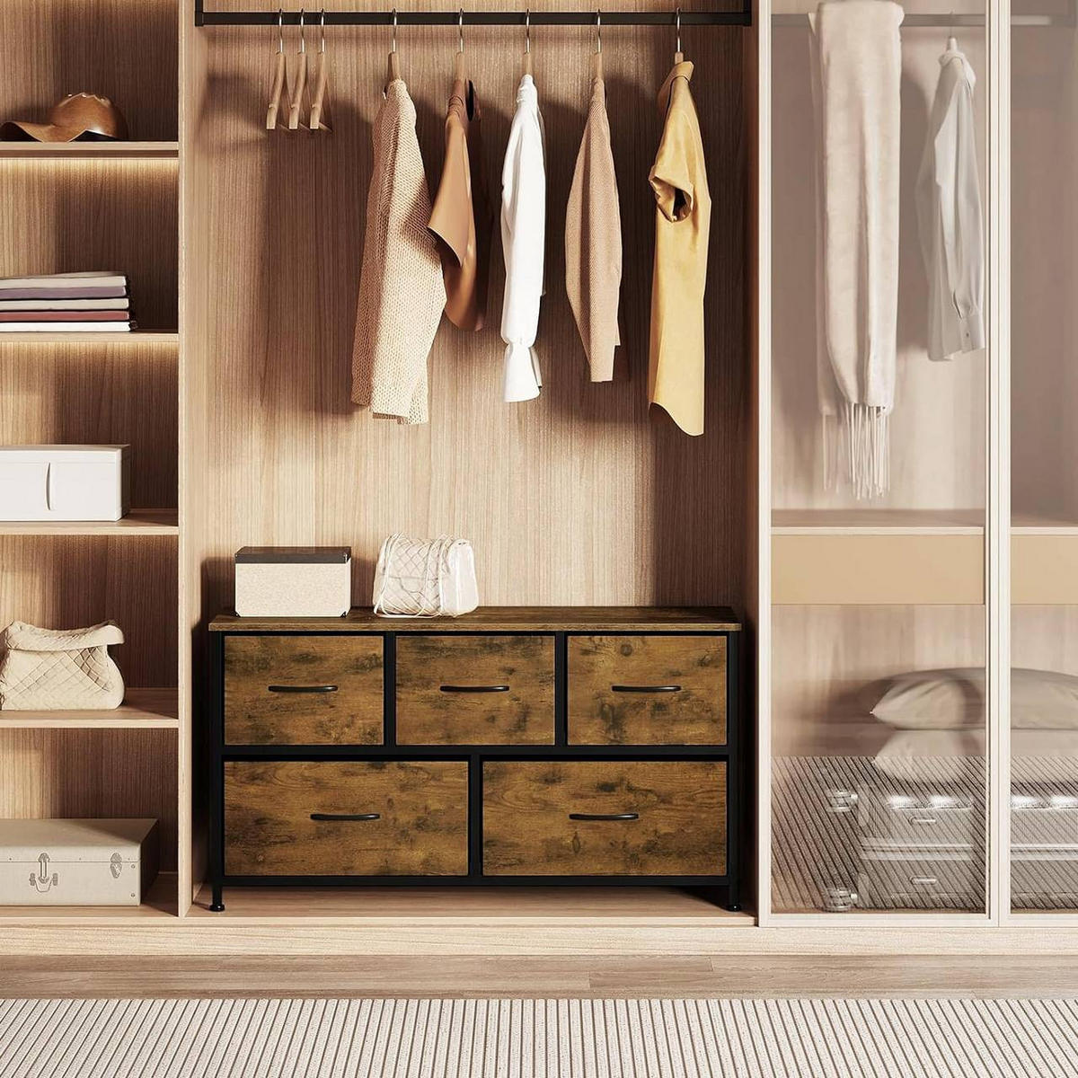 KOMMODENSCHRANK mit 5 Schubladen aus Holzwerkstoff ,Metallrahmen,Vintagebraun - Dunkelbraun/Schwarz, Holzwerkstoff/Metall (100/54/30cm) - Woltu