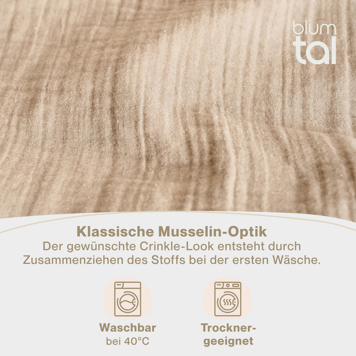 BETTWÄSCHE Musselin, 100% Baumwolle, 200/200 cm & 2x 80/80 cm - Taupe, Textil (200/200cm) - Blumtal