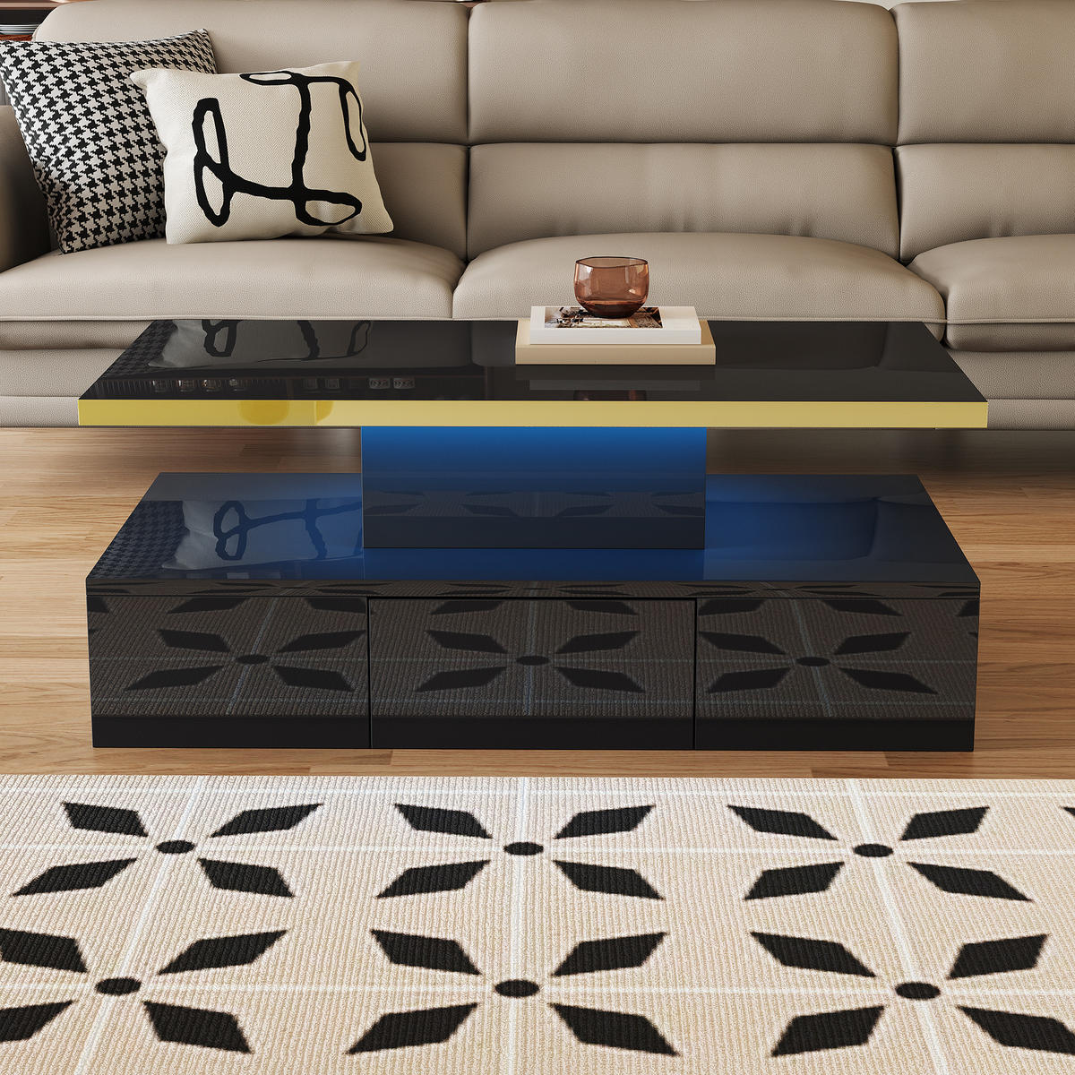 COUCHTISCH Hochglanz mit 2 Ebenen, Schubladen und LED-Licht - Schwarz, Holzwerkstoff (100/50/39cm) - Korfee