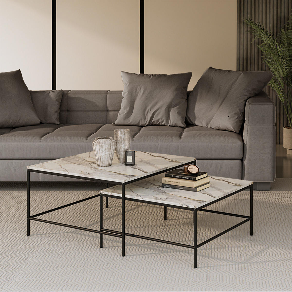 COUCHTISCH-SET Ramio Weiß/Schwarz 80 x 80 cm 2 Teile - Schwarz/Weiß, Holzwerkstoff (80/80/45cm) - Vicco