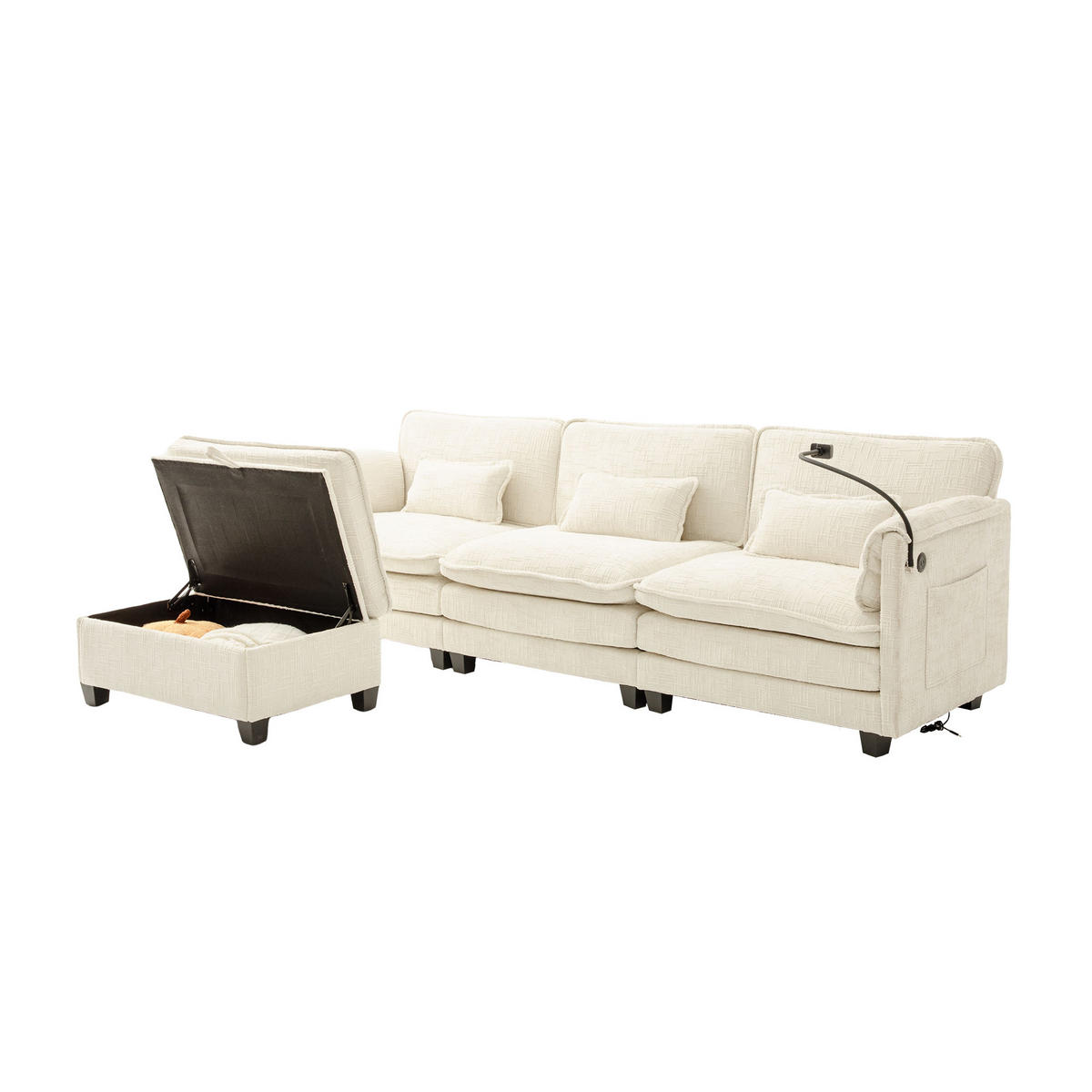 ECKSOFA mit USB-Anschluss und Hocker Chenille Beige 279/83/85 cm - Beige, Textil (279/83cm) - OKWISH