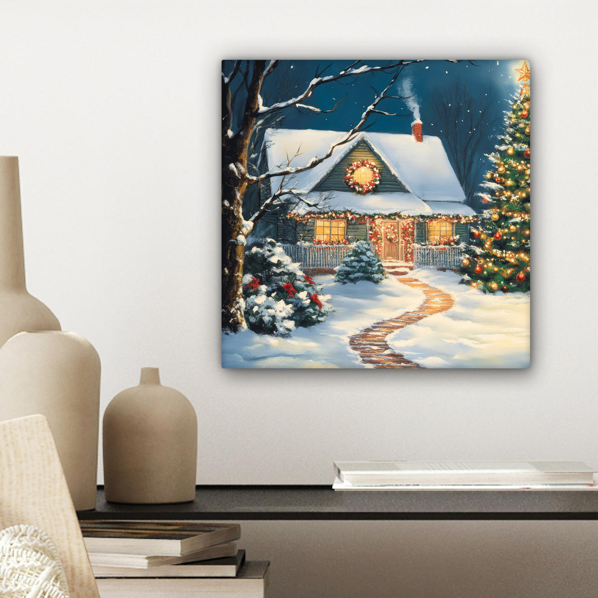 LEINWANDBILD Weihnachten - Weihnachtsbaum - Winter - Zuhause - Schnee 20x20 cm - Multicolor, Textil (20/20cm) - MuchoWow