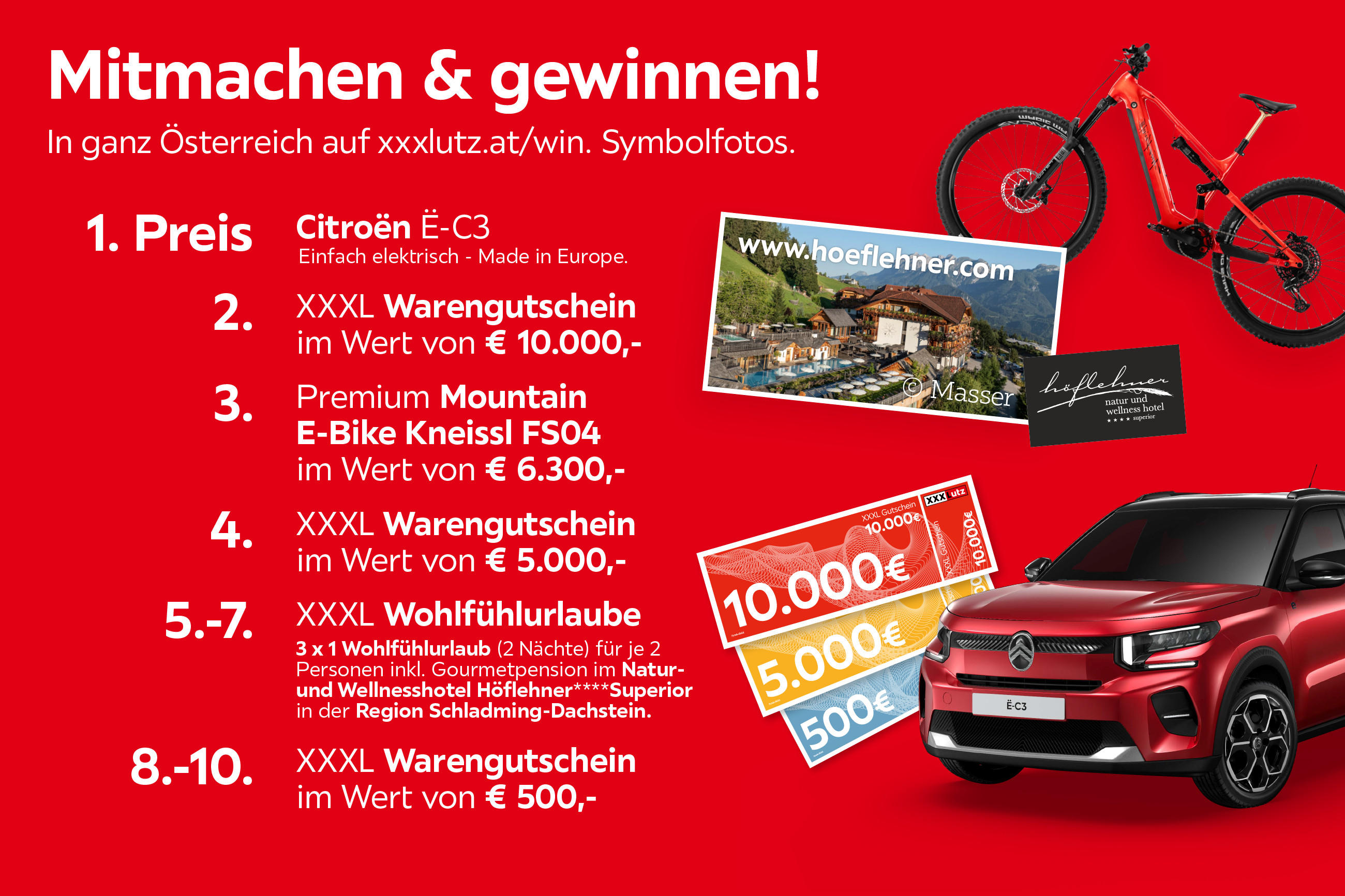 Mitmachen & gewinnen! In ganz Österreich auf xxxlutz.at/win. Zu gewinnen: 1× Citroën Ë-C3, XXXL Warengutscheine im Wert von bis zu € 10.000, Premium Mountain E-Bike Kneissl FS04 und Wohlfühlurlaube im Natur- und Wellnesshotel Höflehner. Symbolfotos.