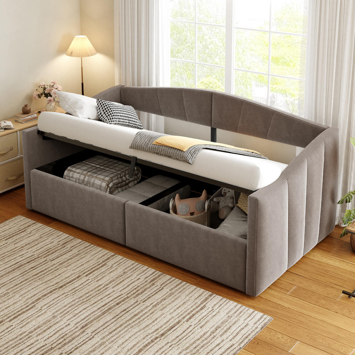 POLSTERBETT 90/200 cm Grau mit hydraulischer Lagerung und Lattenrost - Grau, Textil (90/200cm) - OKWISH