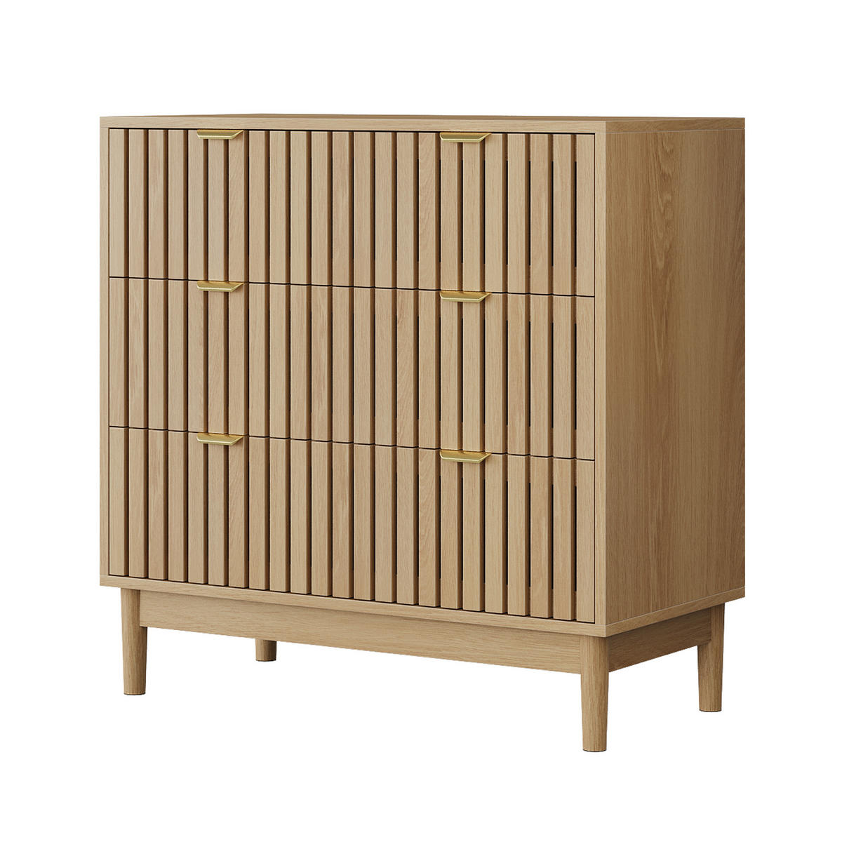 SIDEBOARD eichen-optik & latten-design mit 3 schubladen & goldgriffen - Eichefarben, Holzwerkstoff (80/80/39cm) - Urban Meuble