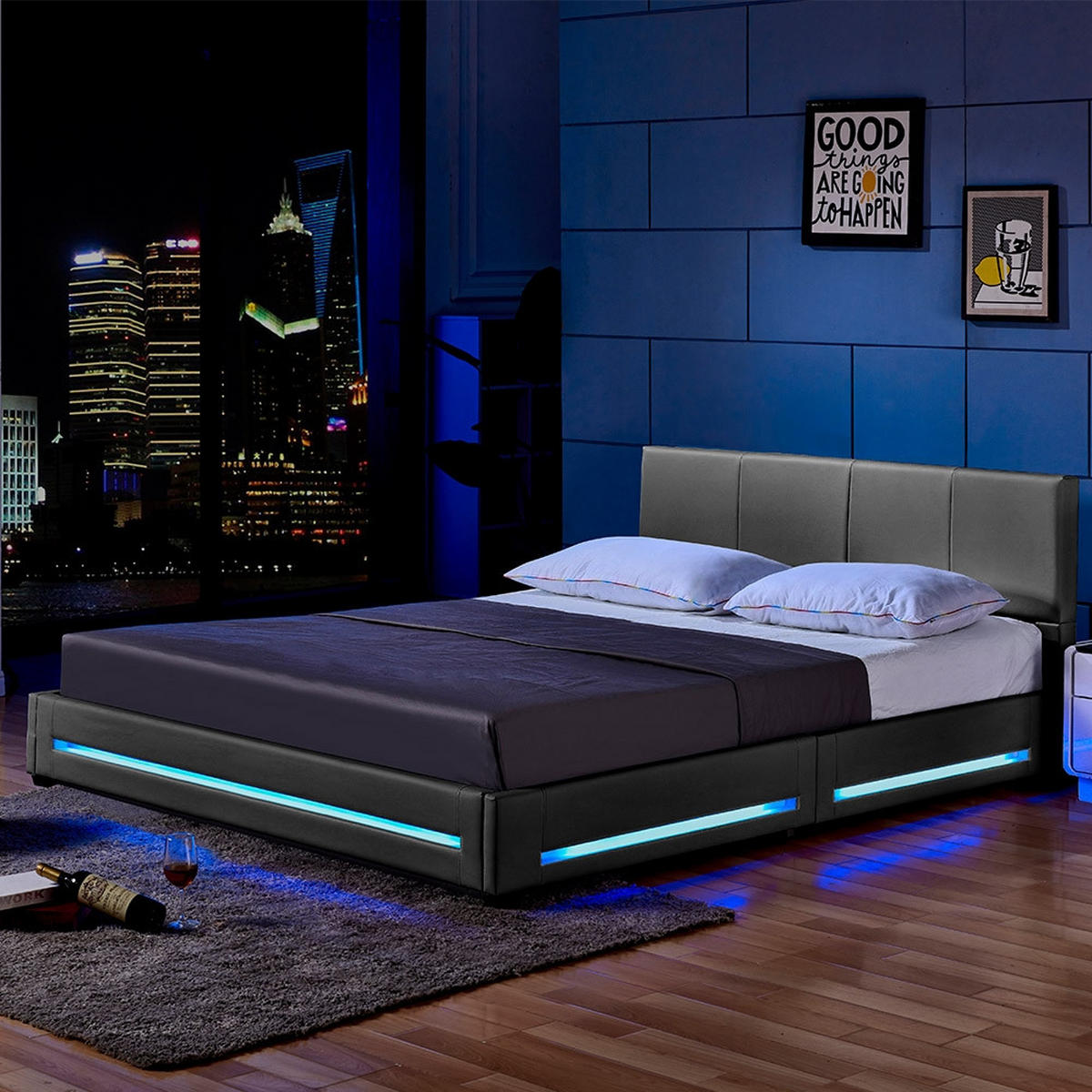 LED BETT ASTEROID - Dunkelgrau, 160 x 200 cm - Dunkelgrau, Kunststoff - Home Deluxe