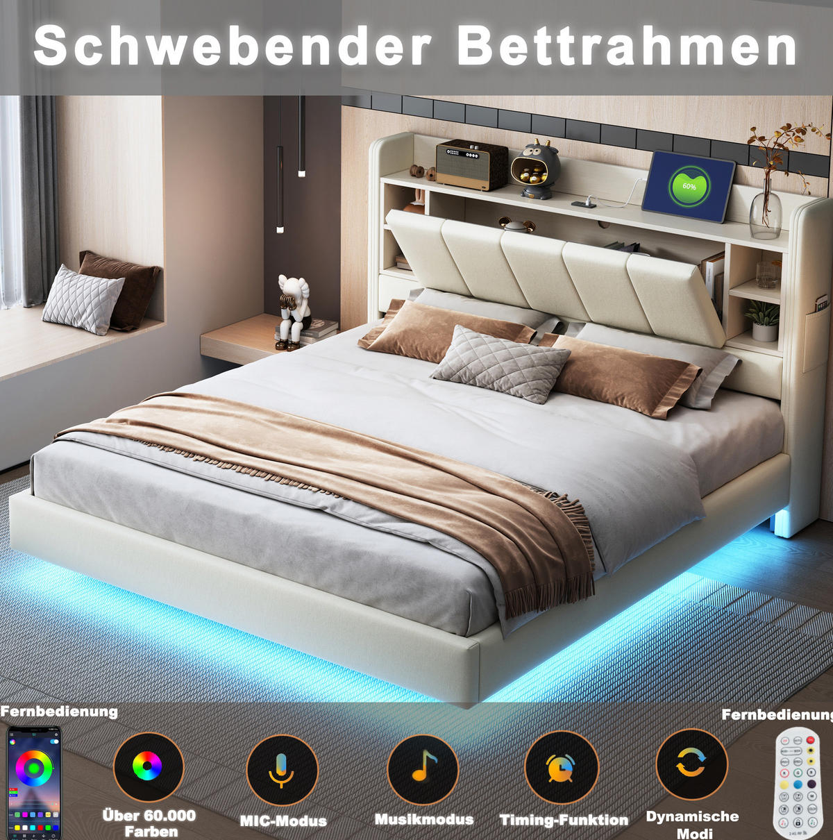 ČALÚNENÁ posteľ 140x200 cm z MDF, preglejky a ľanovej látky béžová s LED osvetlením, USB portom a úložným priestorom - béžová, textil (140/200cm) - Modfu