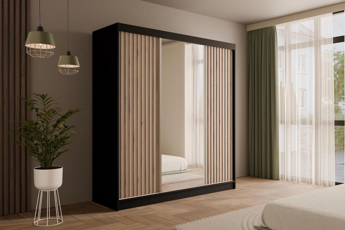 KLEIDERSCHRANK mit Spiegel V2-ZENTI 215x200 cm Schwarz|Weiß - Schwarz/Weiß, Holzwerkstoff (200/215/61cm) - ALTDECOR