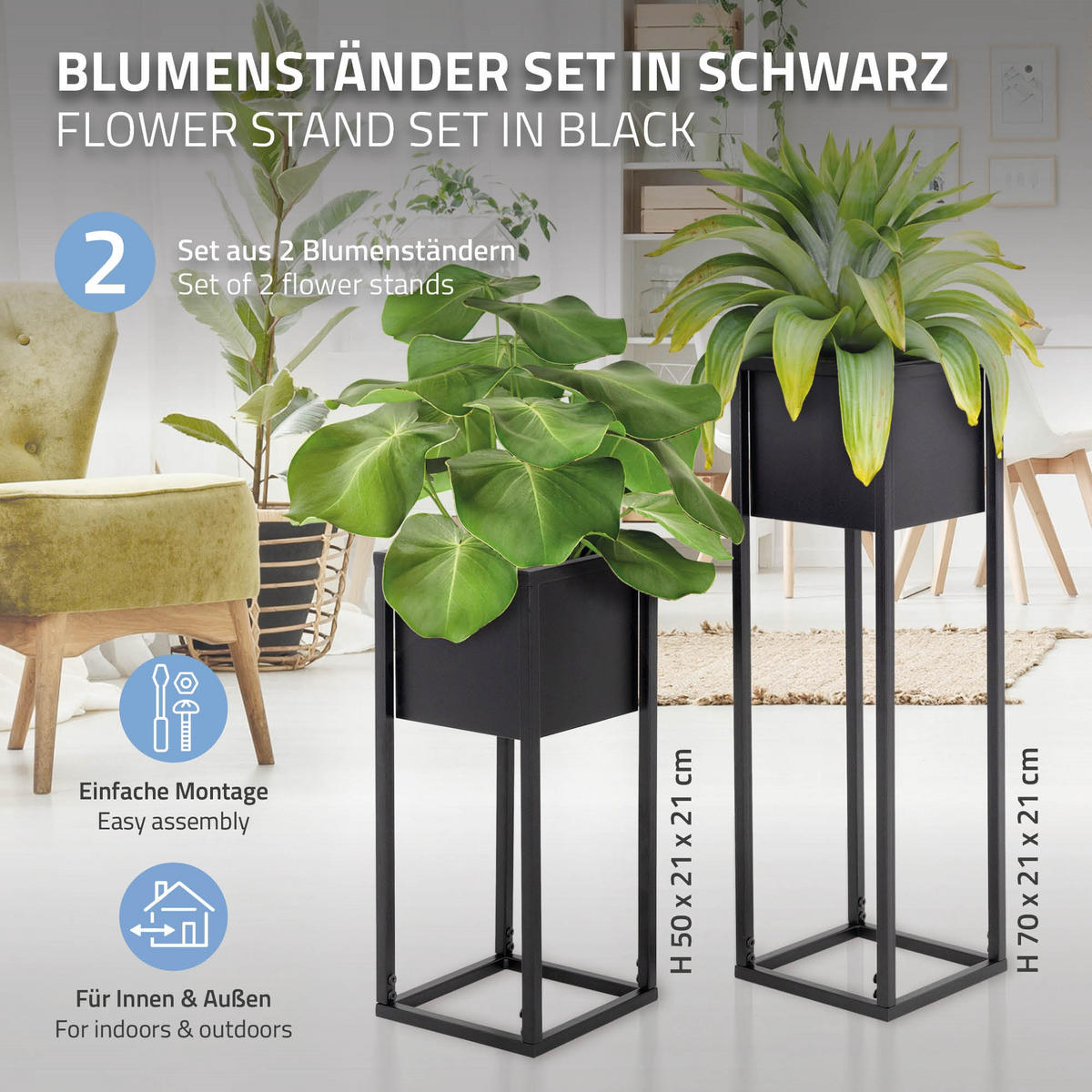 BLUMENSTÄNDER 2er Set - Schwarz, Metall (70/21/70cm) - ML-DESIGN