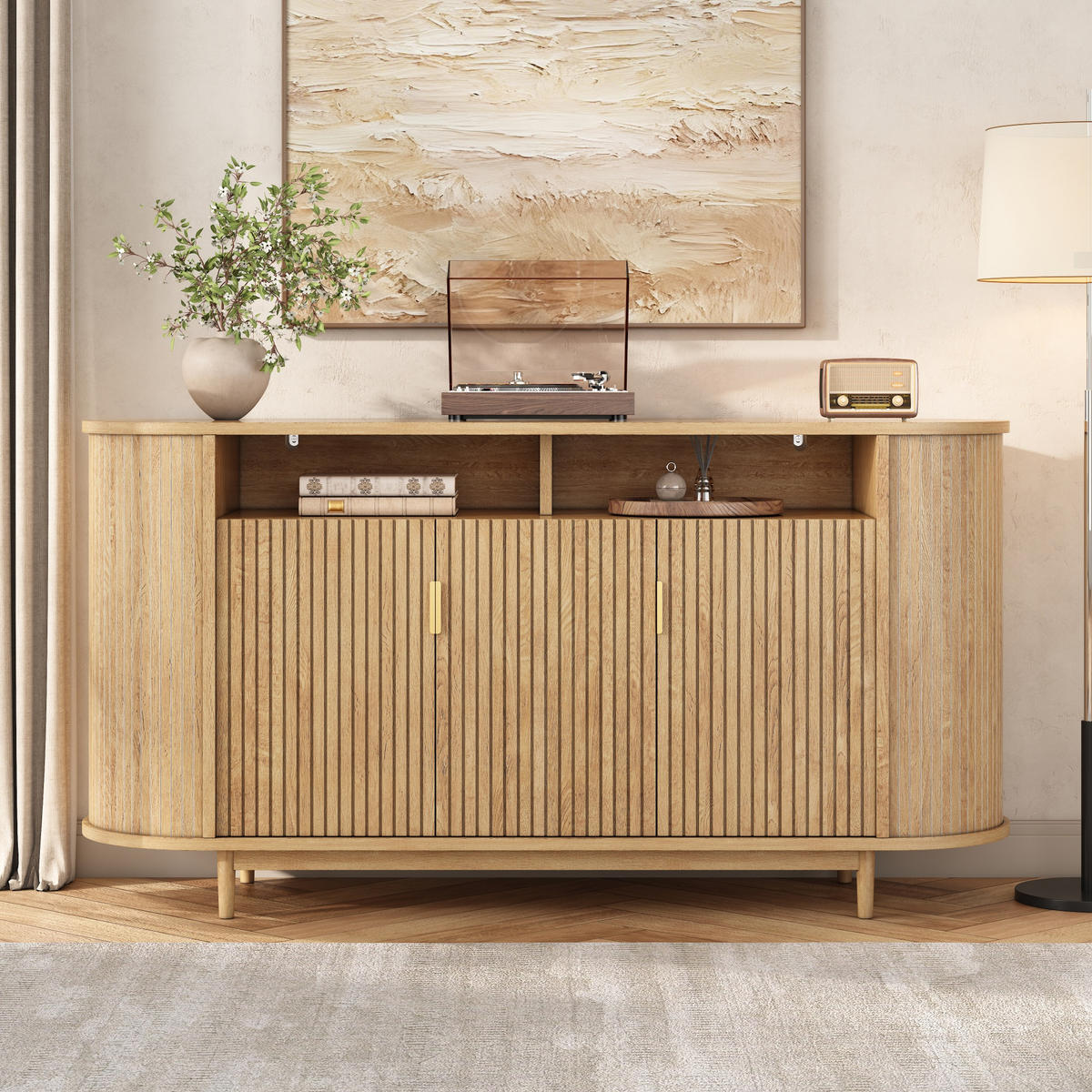 SIDEBOARD 3 Türen mit Holzoptik und Rillenfront - Naturfarben, Holzwerkstoff (140/78/40cm) - FLIEKS