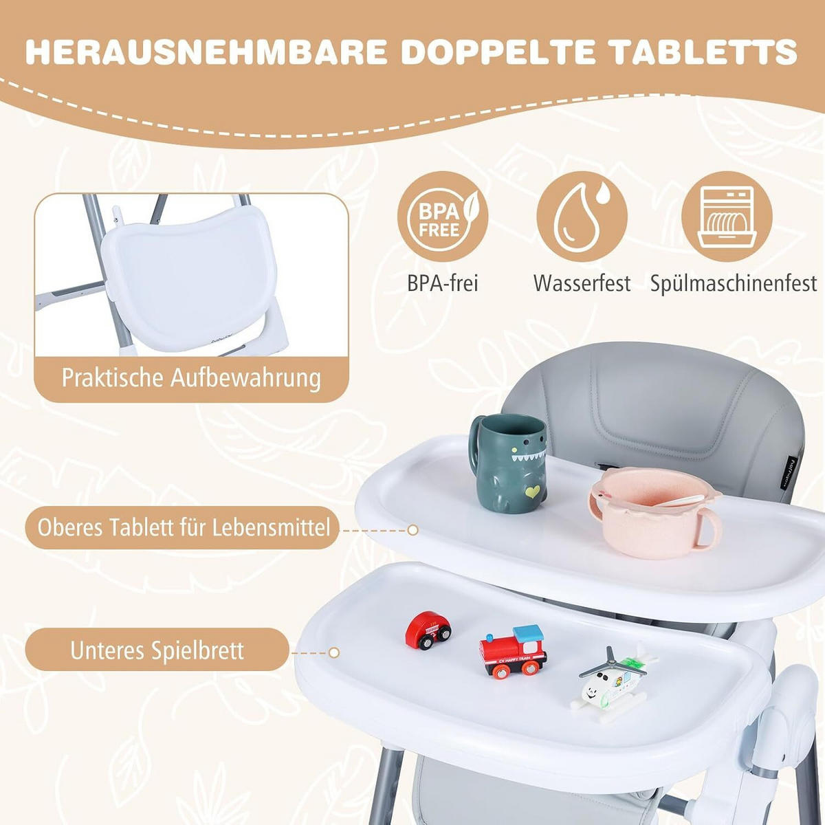 BABYSTUHL mit Spielbügel & Rollen hellgrau - Hellgrau, Metall (72/90.5/54cm) - COSTWAY