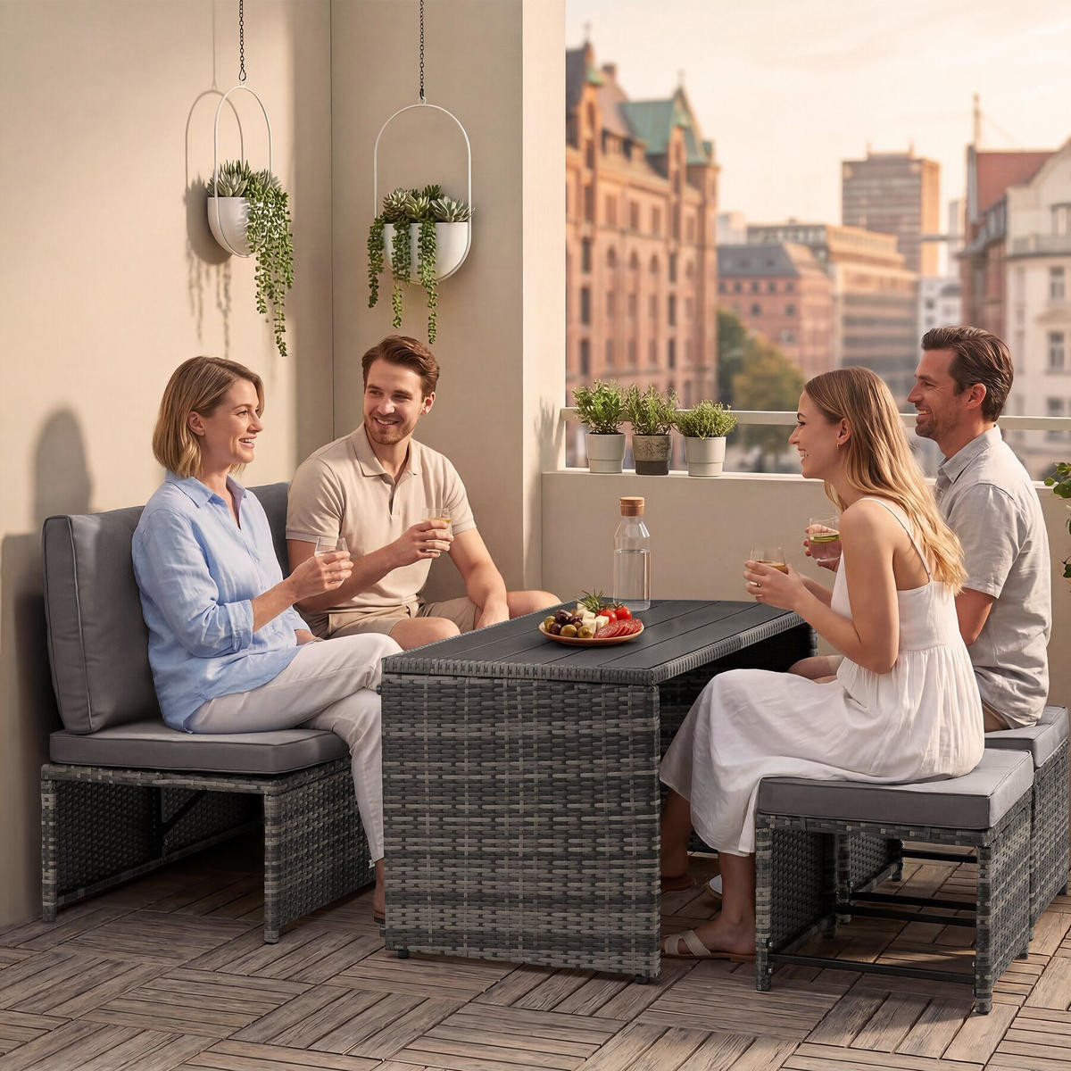 2-IN-1-RATTANLOUNGE-SET Monopoli, höhenverstellbare Tischfüße, grau - Grau, Kunststoff - tectake