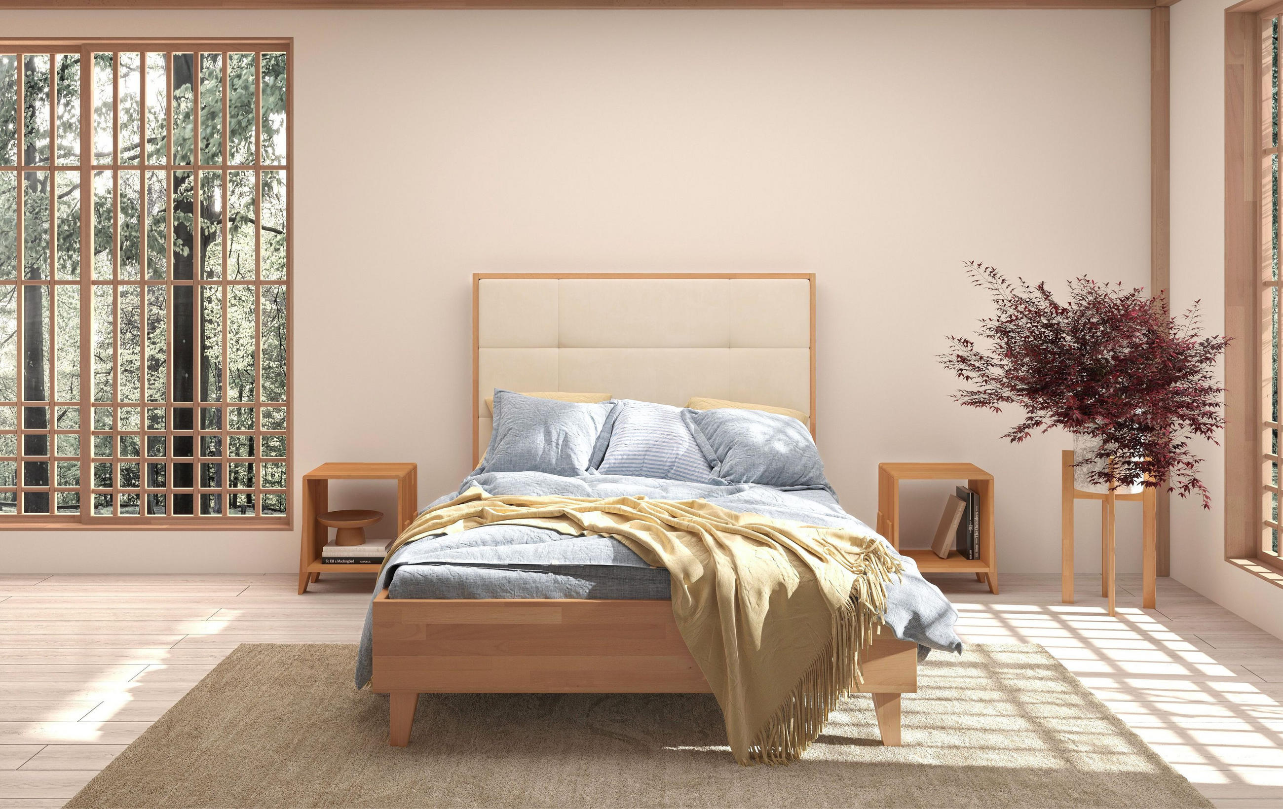 MASSIVHOLZBETT Frida, gepolstertes Kopfteil, Buche - lackiert, Naturfarben/Ecru, 160x200 - Ecru/Buchefarben, Holz/Buchenholz (160/200cm) - Visby