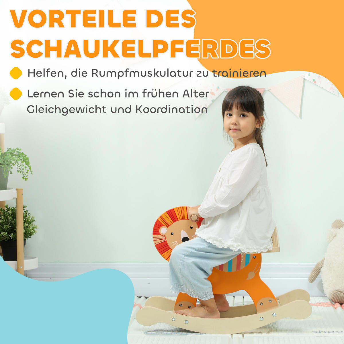 SCHAUKELPFERD Schaukeltier Löwe mit Haltegriffen Baby Schaukelspielzeug Schaukel - Orange, Holzwerkstoff (27/44/59cm) - AIYAPLAY