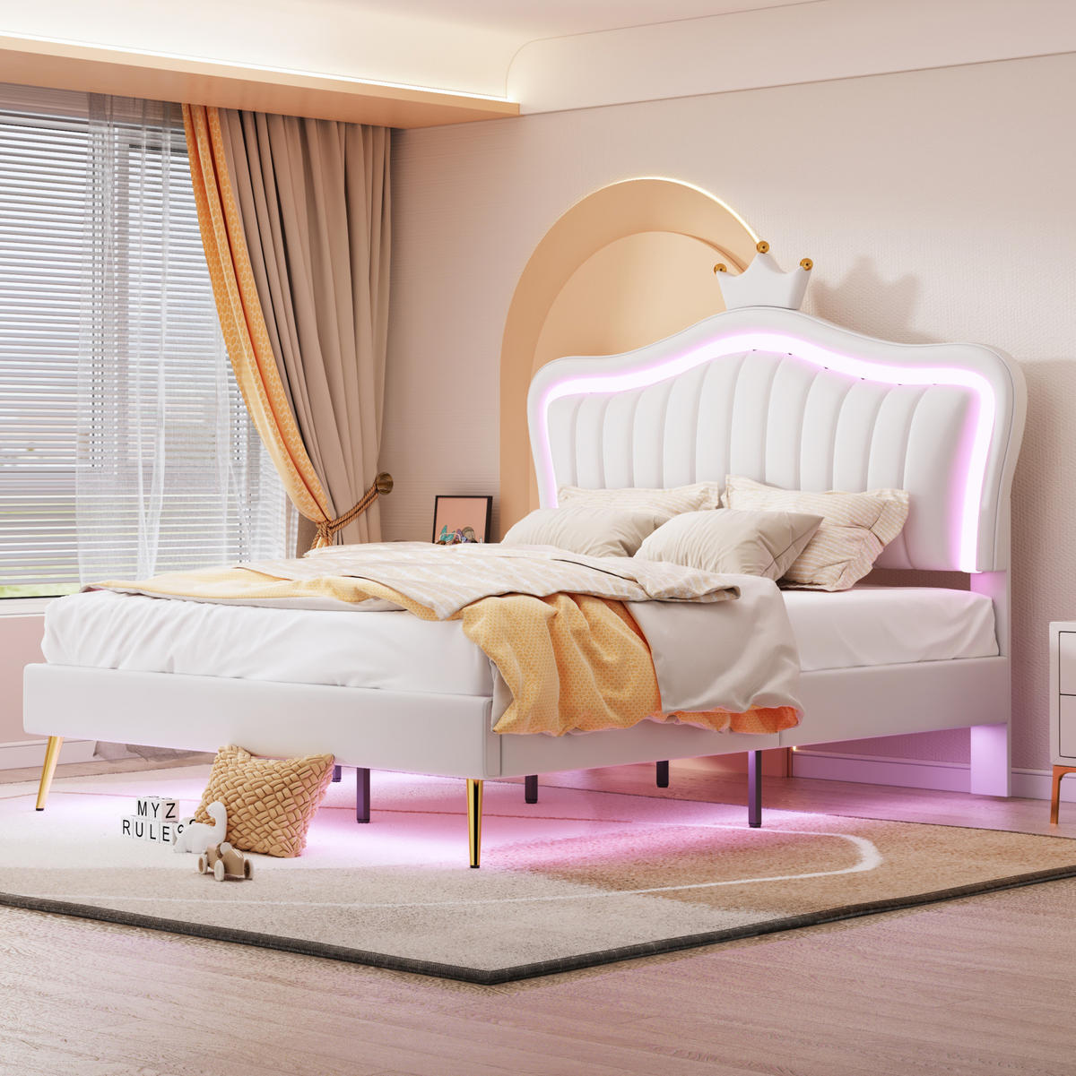 KINDERBETT Polsterbett 140/200 cm aus Kunstleder mit Muschel-Kopfteil, Krone und LED-Beleuchtung Weiß - Weiß, Textil (140/200cm) - Modenvie