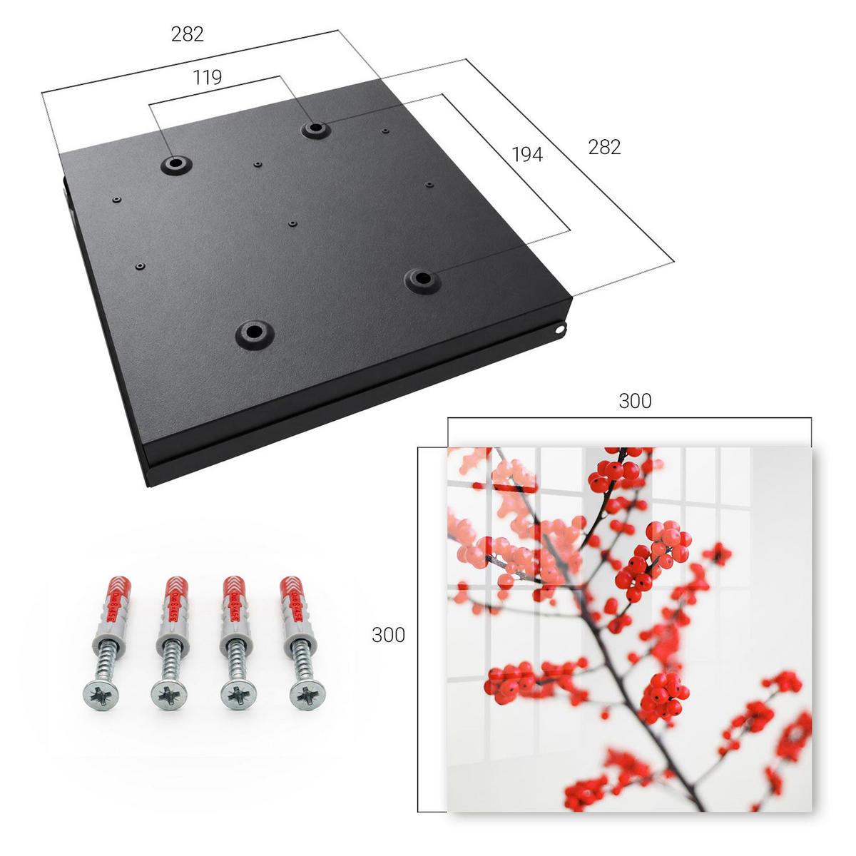 SCHLÜSSELBOX Schwarz 30x30 cm- Türöffnung nach rechts - Rote Beeren - Rot, Metall (30/30/5cm) - TULUP