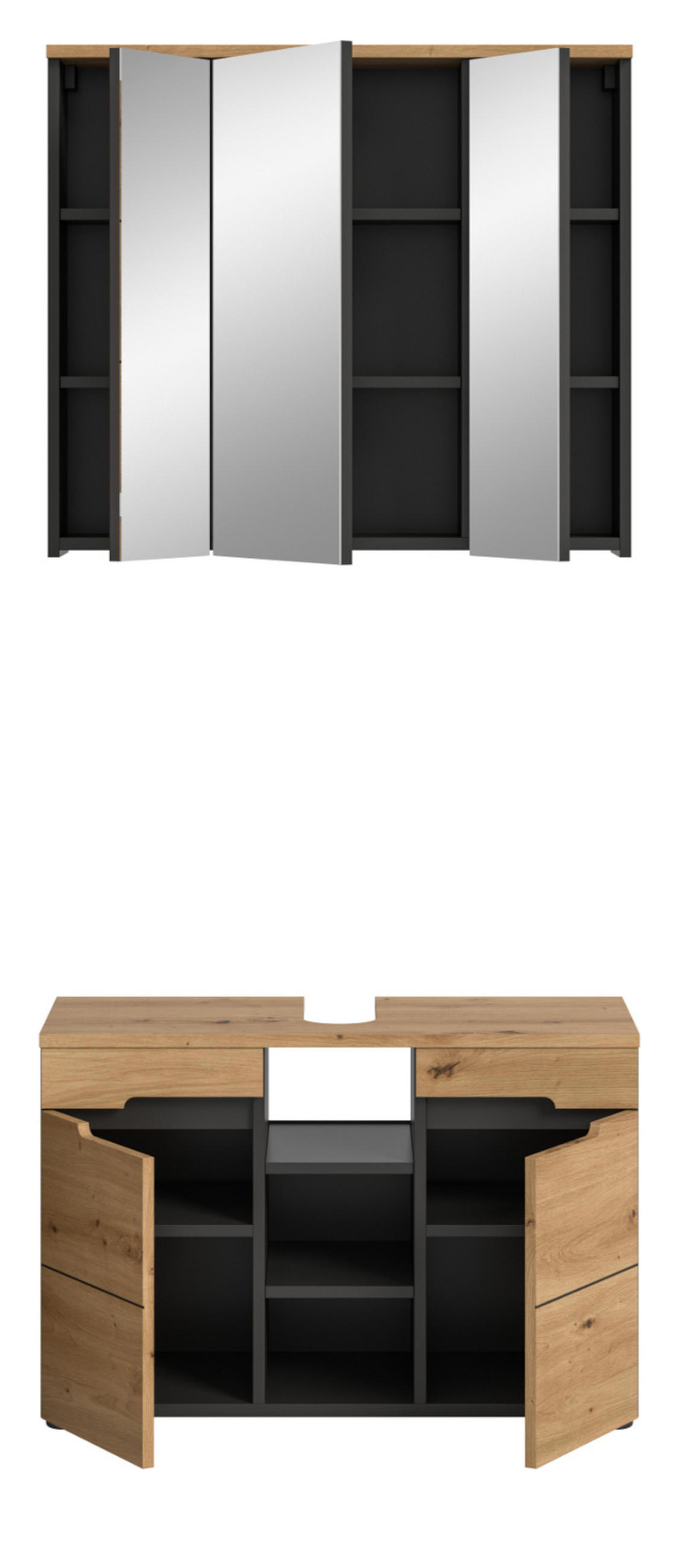 BADMÖBEL-SET Eiche, grau 2-teilig 80 cm, Komplettset mit Soft-Close - Schwarz/Eiche Artisan, Glas/Holzwerkstoff (80/193/34cm) - Inn.Furn