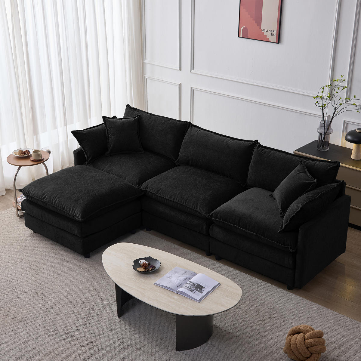 ECKSOFA 267/154/85 cm Schwarz mit Chaiselongue und Hocker - Schwarz, Textil (267/154cm) - Oxeza