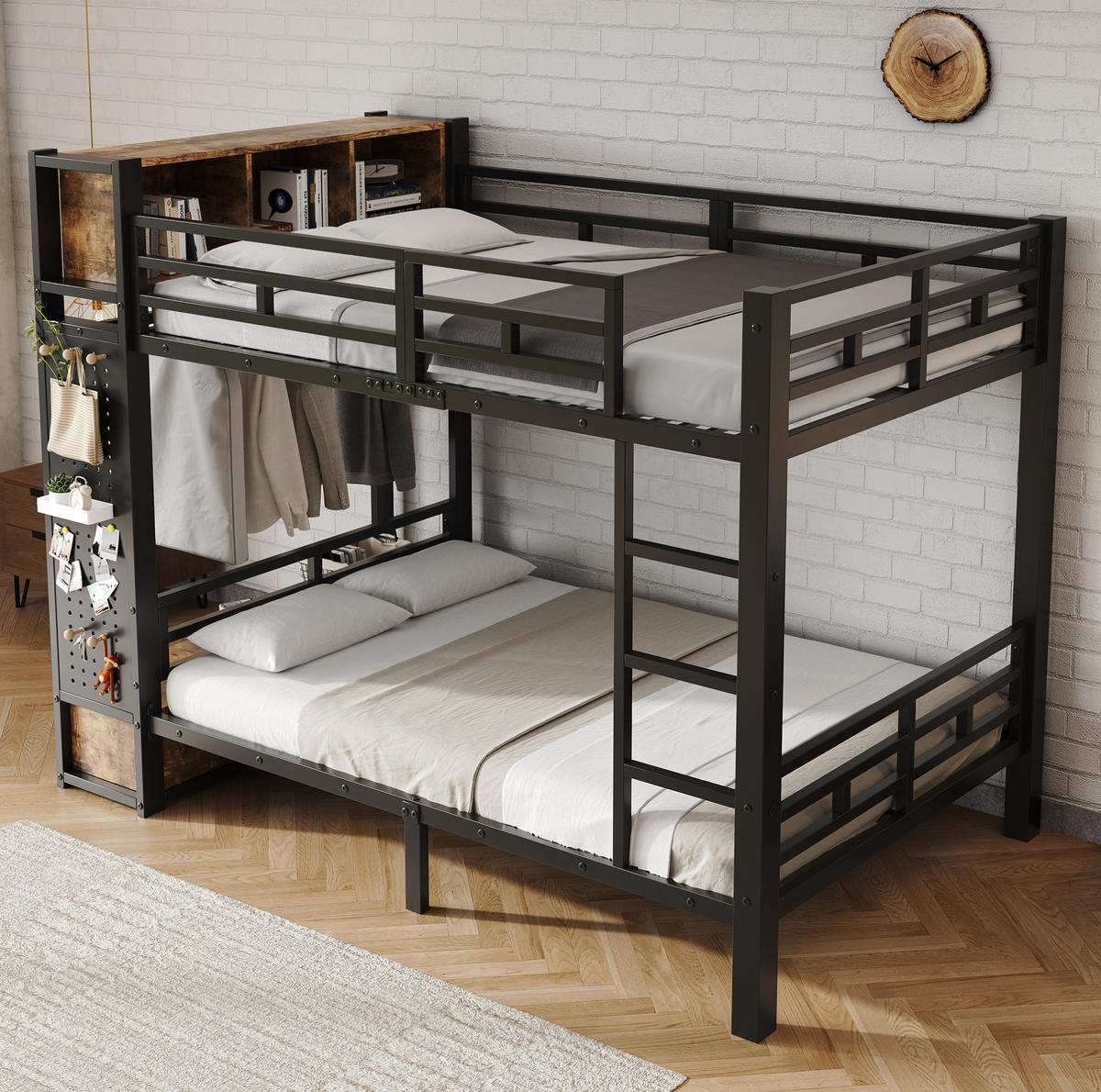 ETAGENBETT aus Metall und Holz 120x200 cm Schwarz/Dunkelbraun mit Stauraum, Kleiderstange, Schublade und Lochwand - Schwarz, Metall (120/200cm) - Modfu
