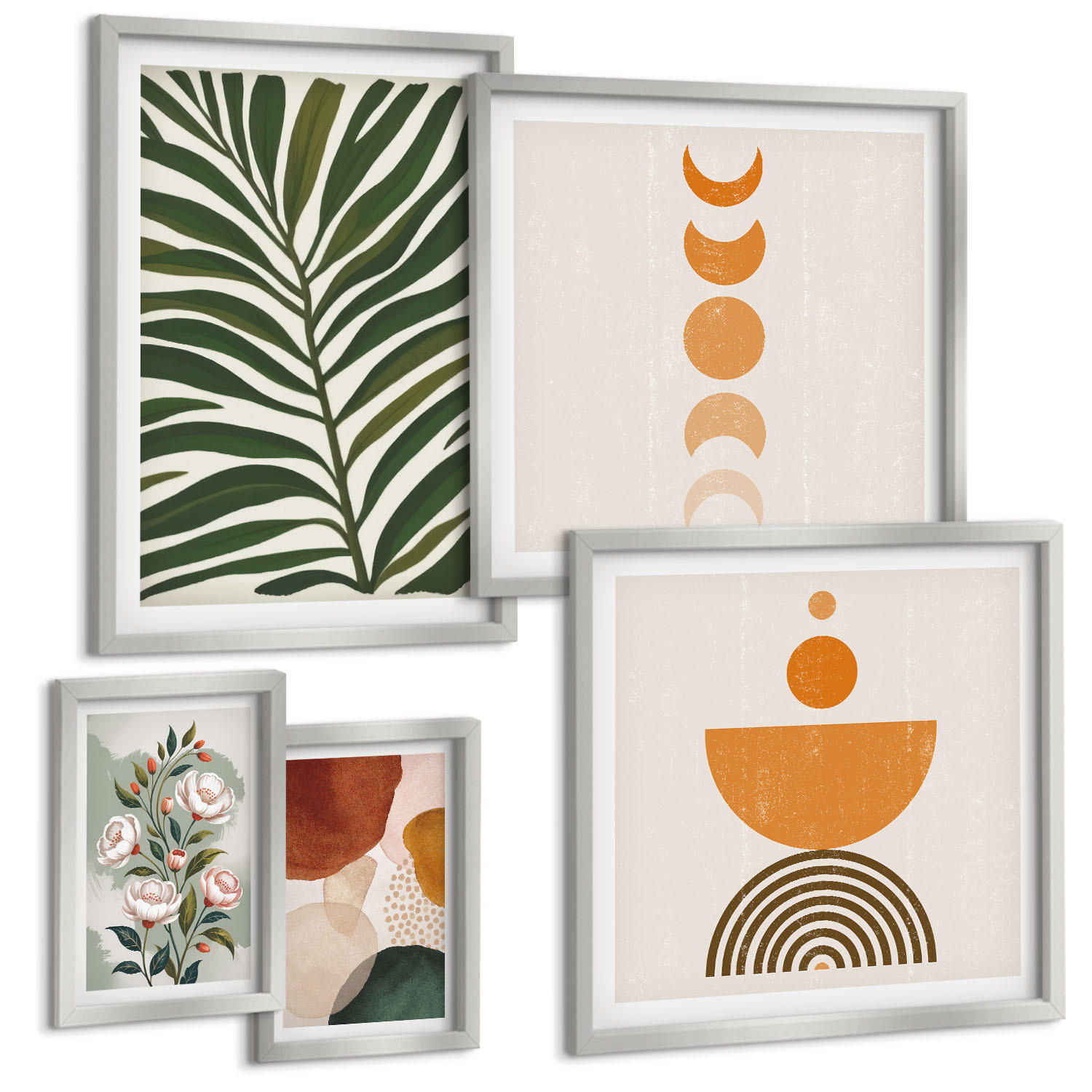 BILDER SET 5er Set - 50x50 cm & 20x30 cm & 40x60 cm Silberner Rahmen - Abstrakte Blattformen - Silberfarben, Kunststoff (40/60cm) - TULUP