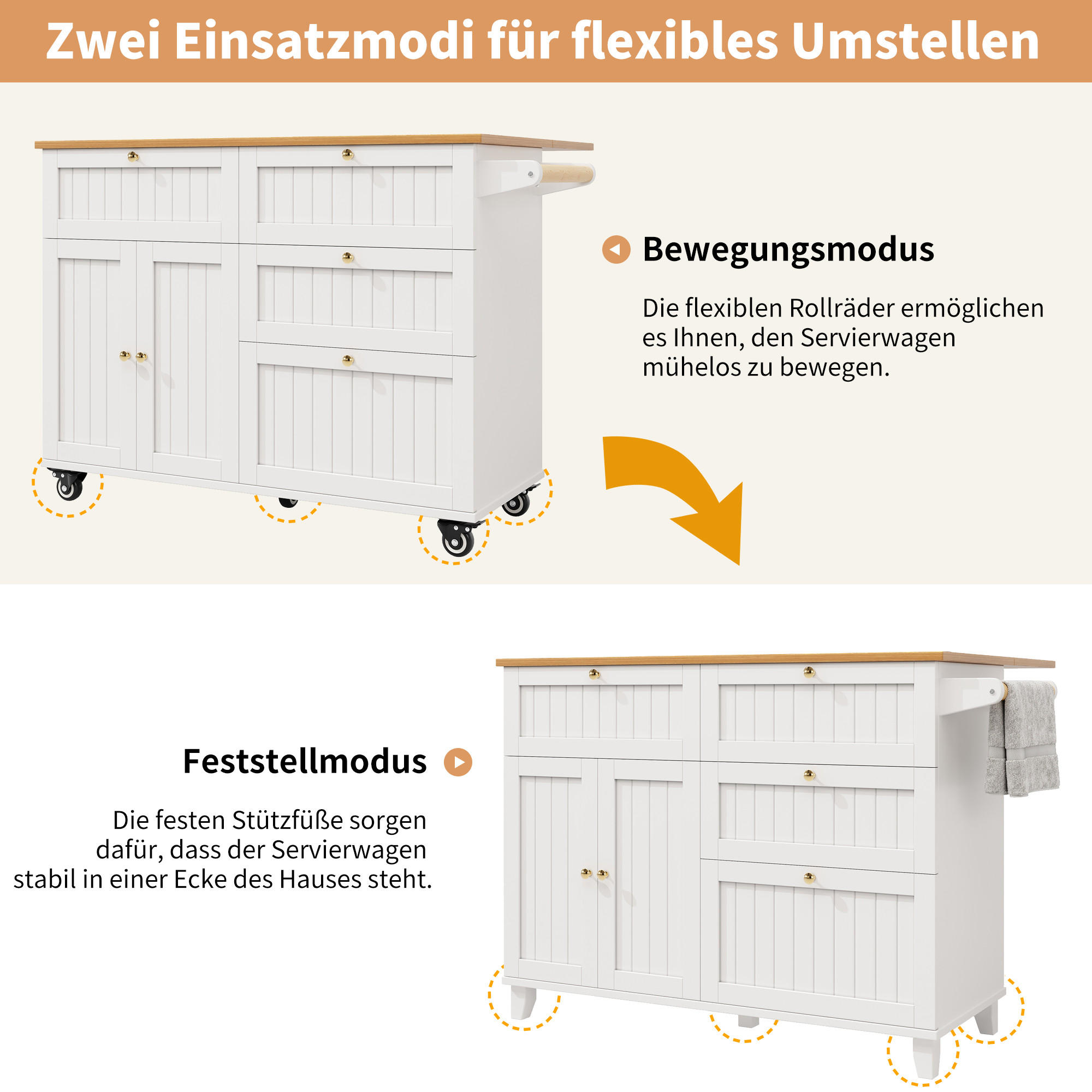 KÜCHENINSEL Weiß 133/70/88 cm - Weiß, Holzwerkstoff/Metall (70/88/133cm) - Urban Meuble