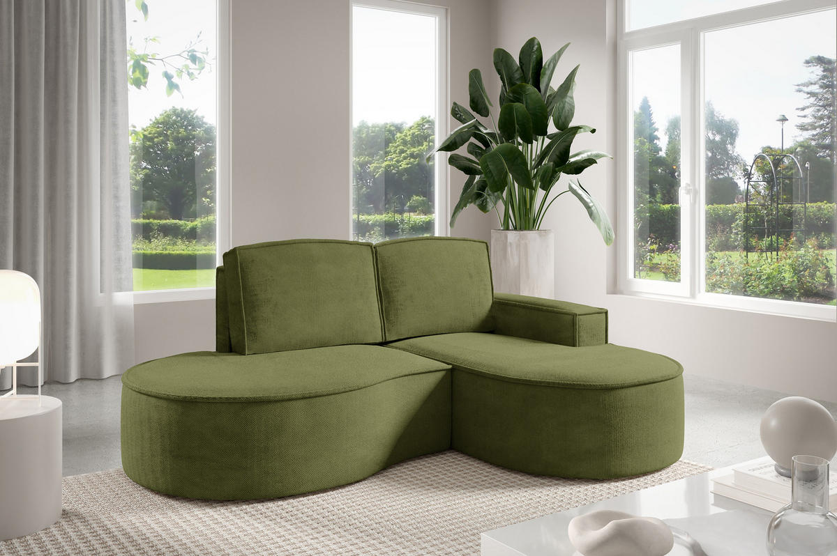 ECKSOFA MOLLY – Halbkreisförmig, Curio‑Bouclé, Lose Kissen, 210x157x88 cm, Rechts, Grün - Grün, Holz/Textil (210/157cm) - DomoHome