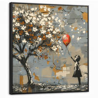 LEINWAND Bilder mit Rahmen - Baum - Graffiti - Banksy-Stil - Ballon-Mädchen - 90x90 - Blaugrau, Textil (90/90cm) - MuchoWow